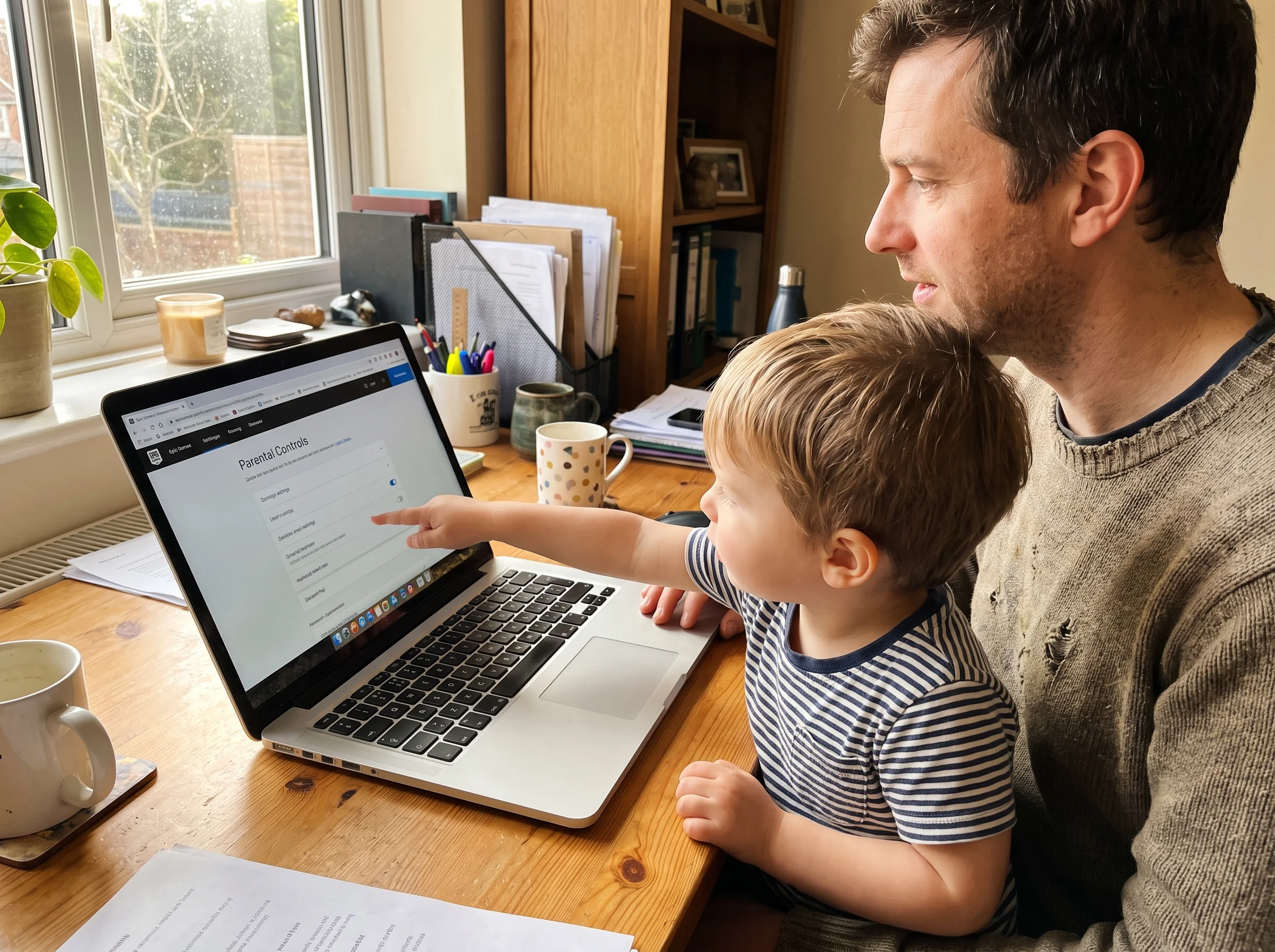 A parent and child sitting at a desk with a laptop open to the Epic Games parental controls page, the kid pointing at the scr