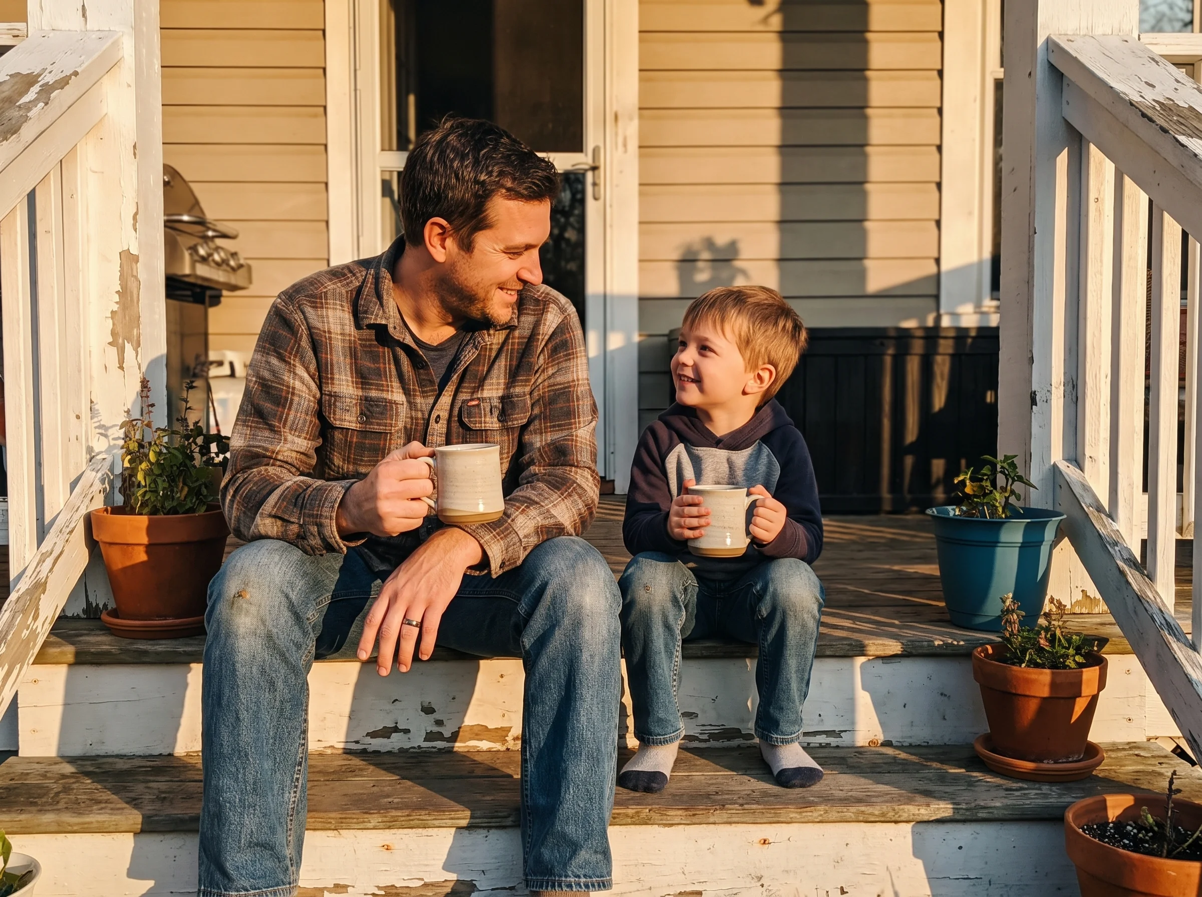 A dad and son talking on the back steps of a house, both holding mugs, no devices visible, late afternoon light