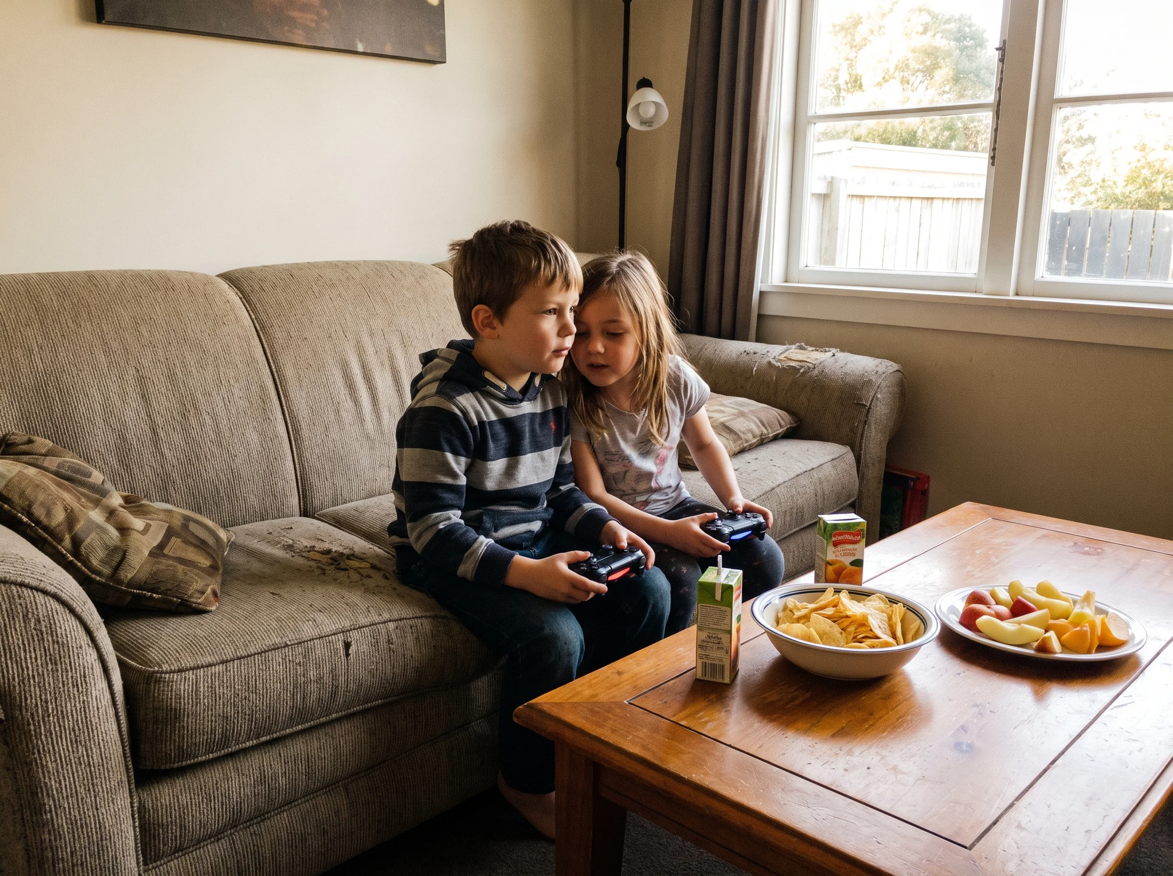 Two kids sitting close together on a couch at a friend's house, sharing controllers, snacks on the coffee table, candid momen