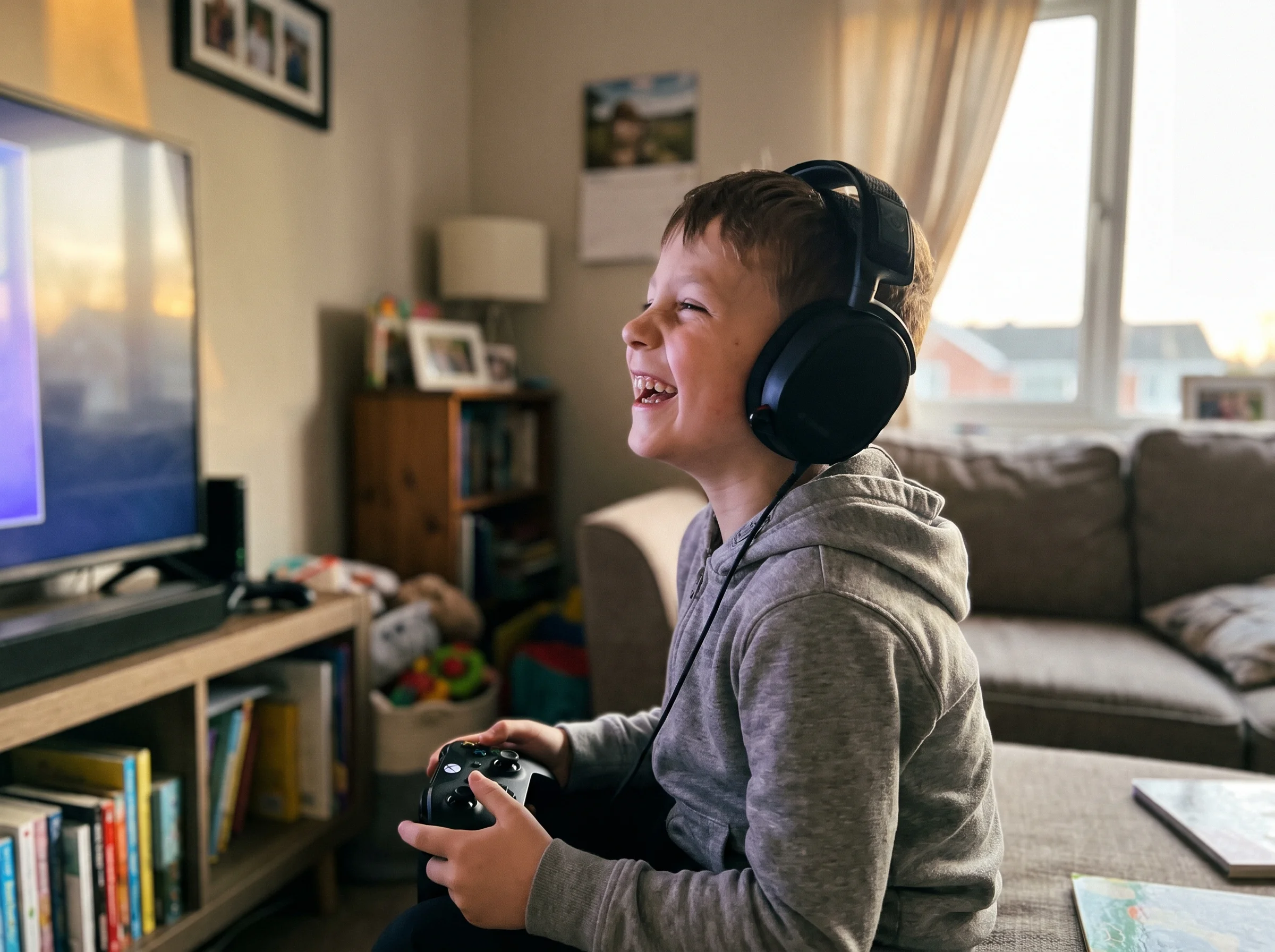 A kid wearing a gaming headset mid-laugh, looking at the screen, controller in hand, natural window light from the side