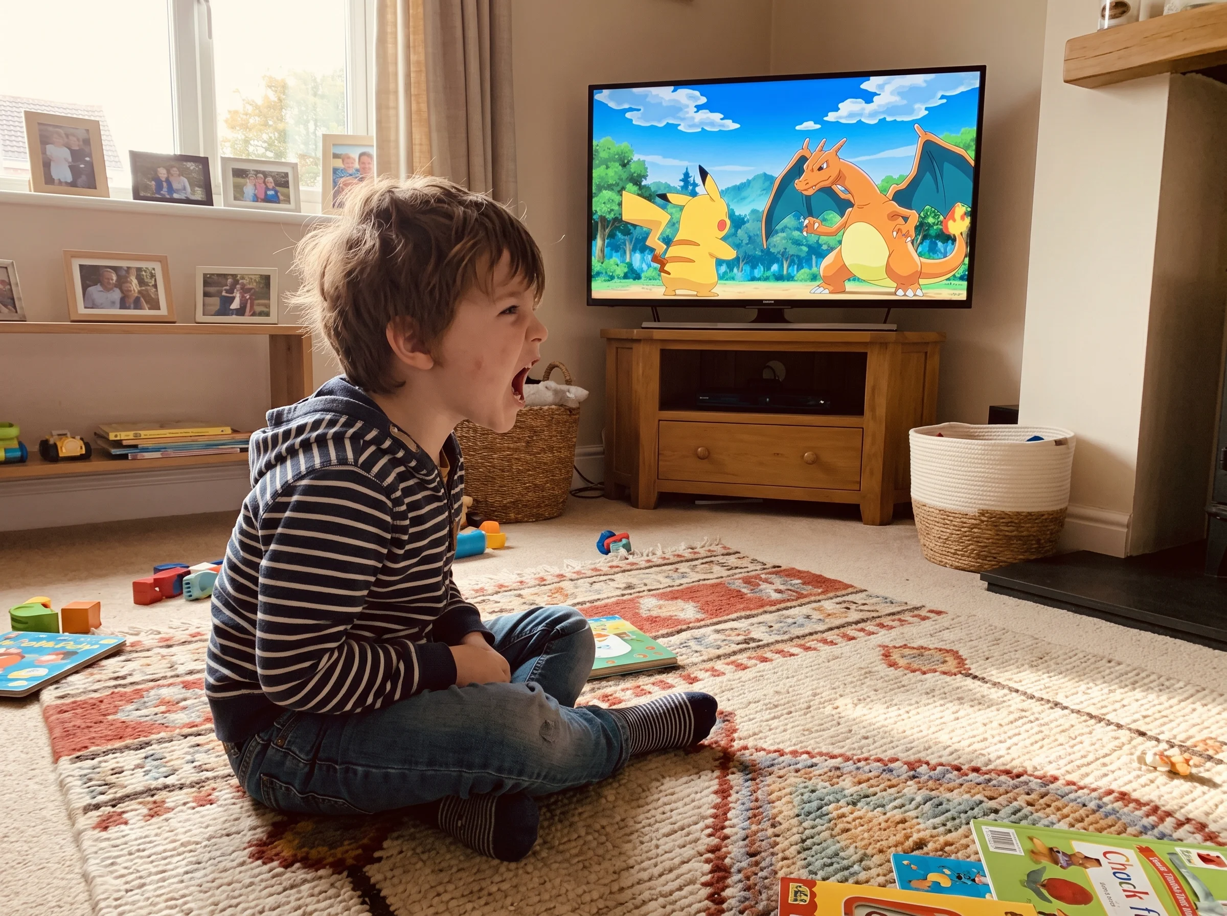 Young boy sitting cross-legged on a living room rug, watching Pokémon on a TV, his face animated and expressive as he mimics 