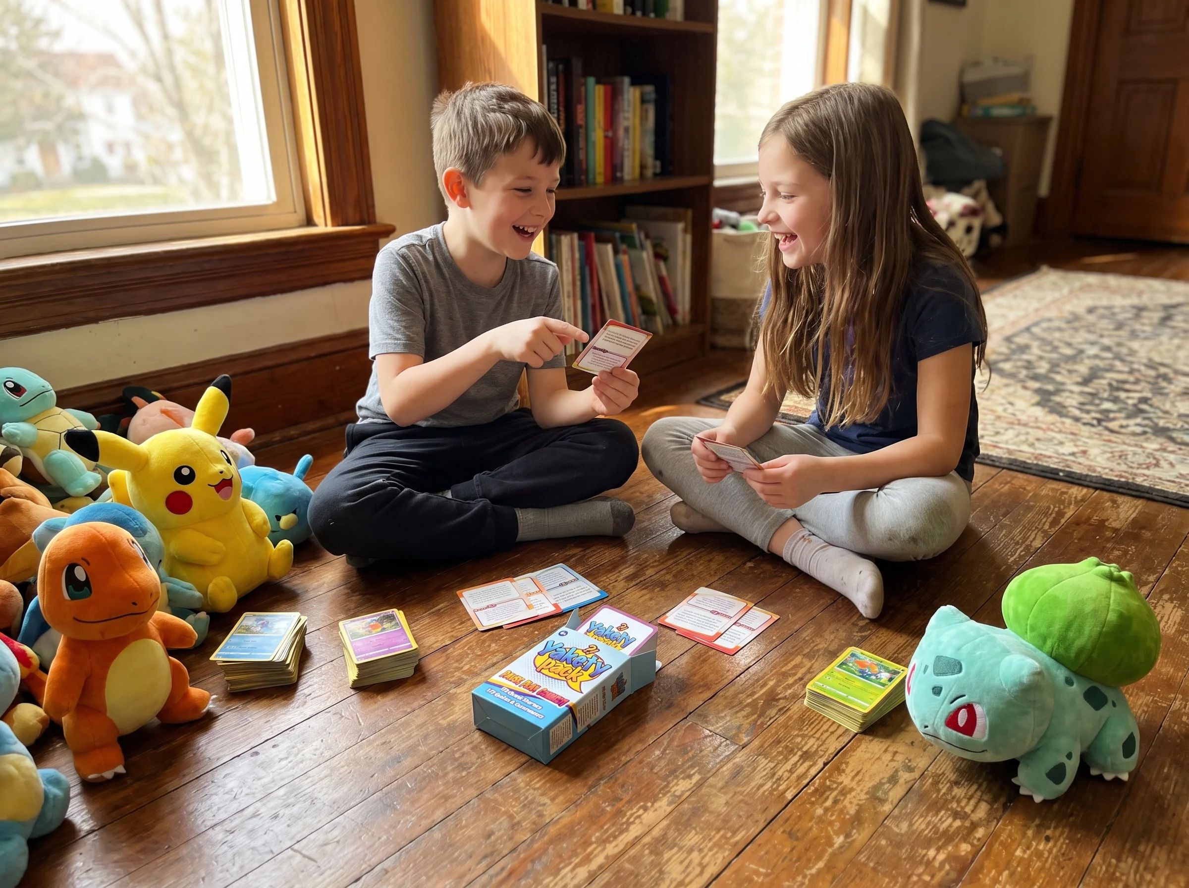 Two kids playing on the floor with Pokémon plushes and trading cards spread out around them, animated conversation, natural w