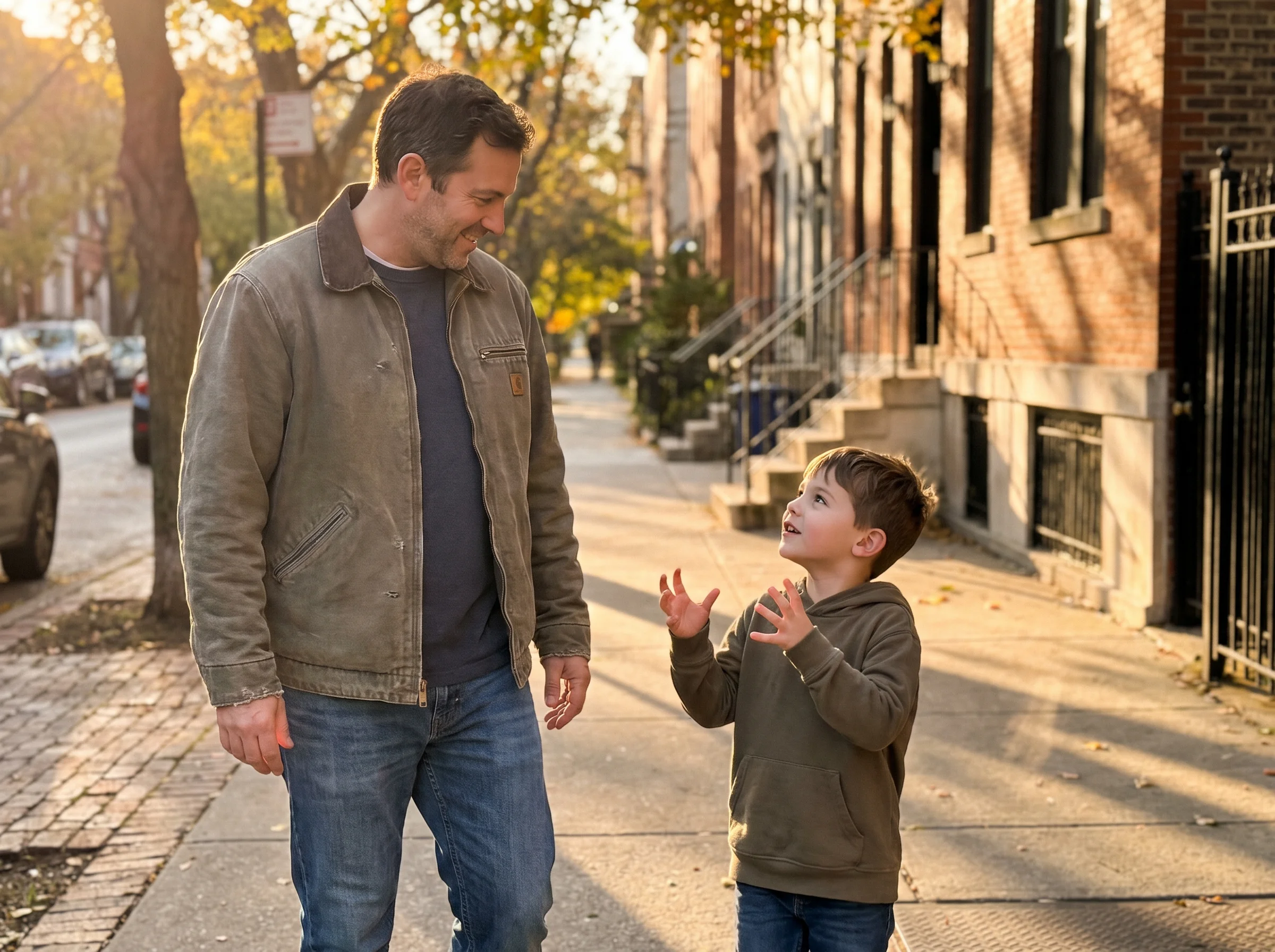 Father and son walking side by side on a sidewalk, son talking animatedly with hands moving, dad smiling and listening, golde