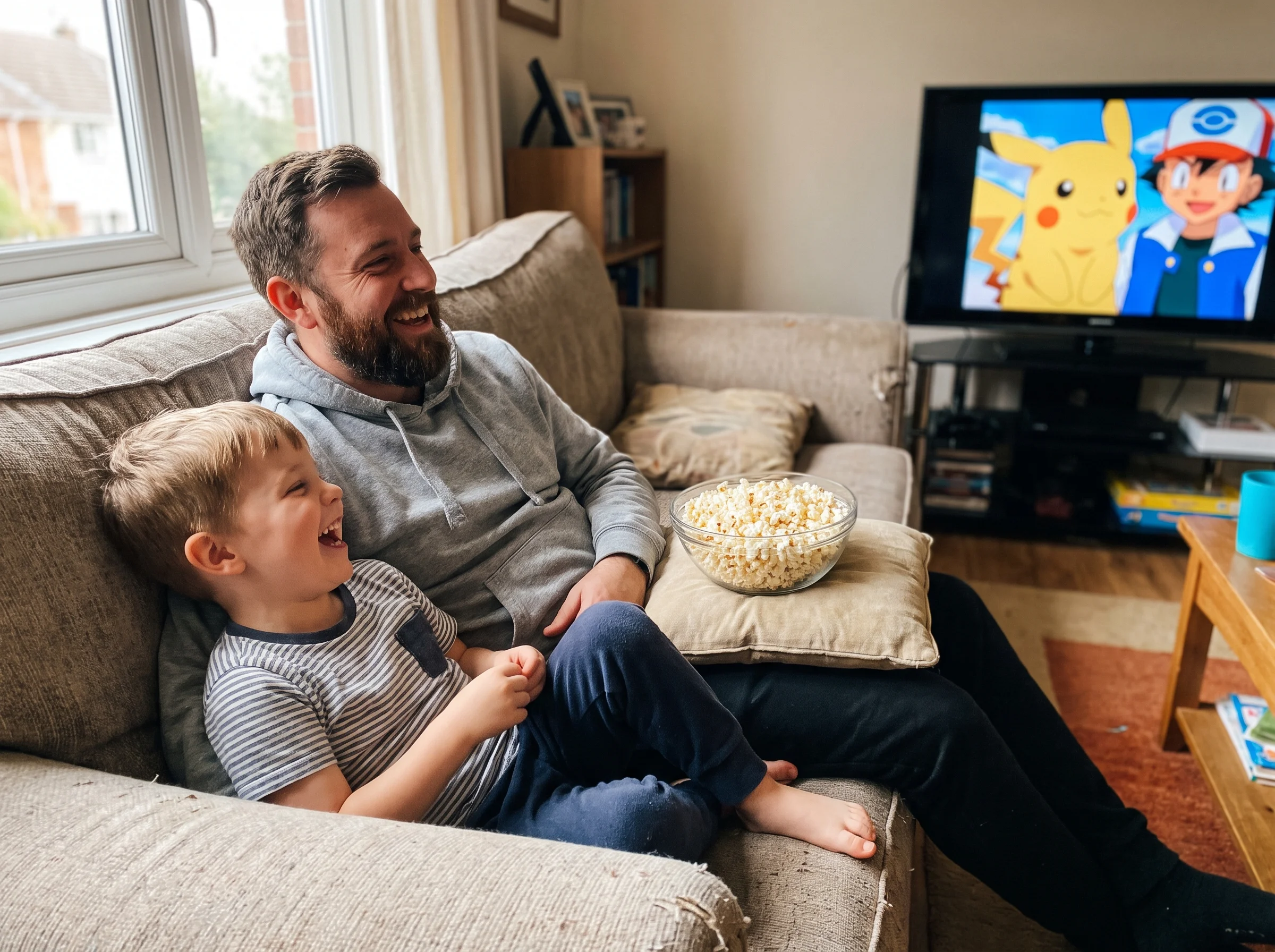 A dad and son watching Pokémon together on a couch, both laughing, popcorn bowl between them, candid living room moment, shot