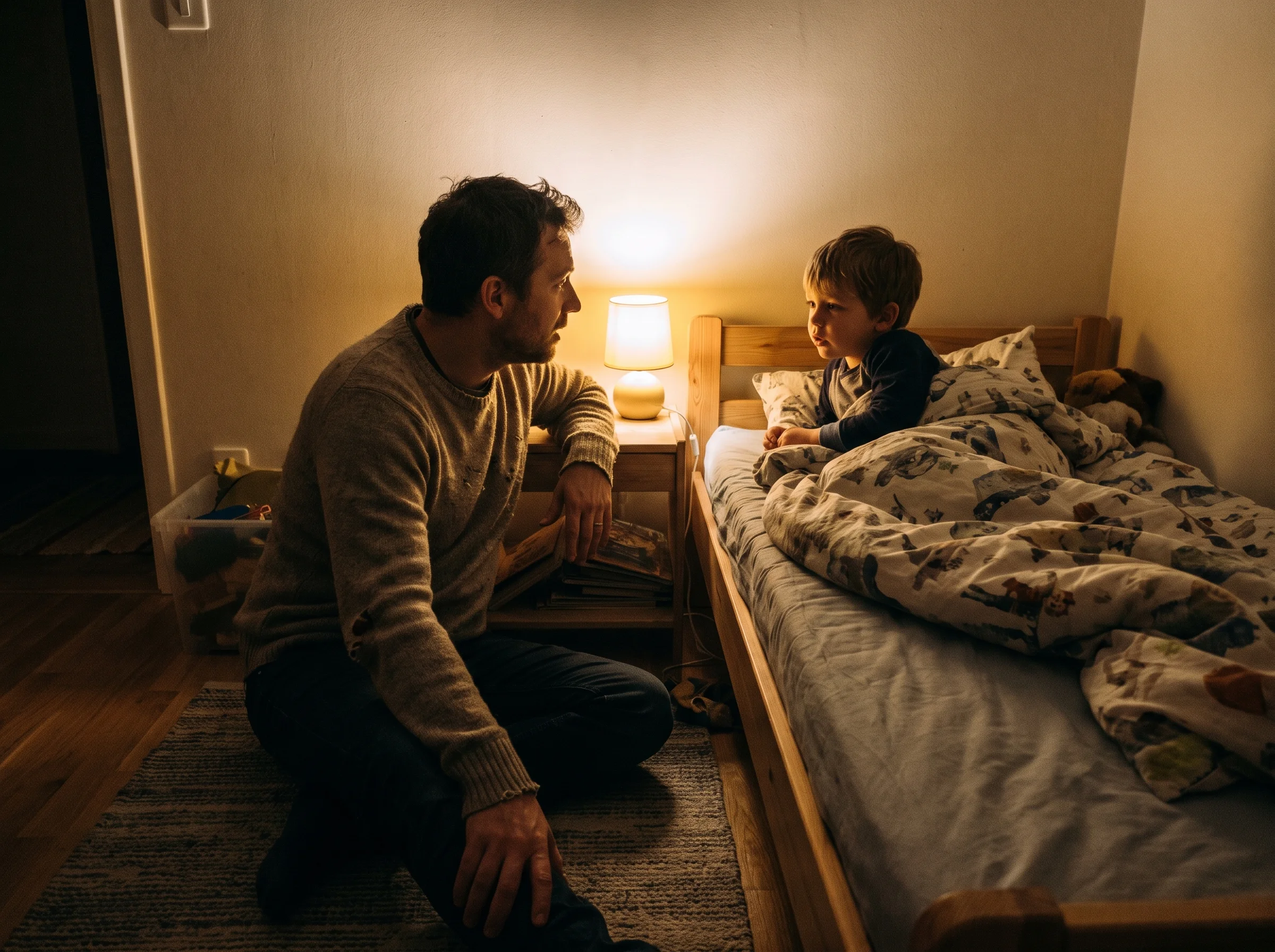 A father sitting on the floor next to his son's bed at night, both deep in conversation, soft lamp glow, shot on iPhone with 