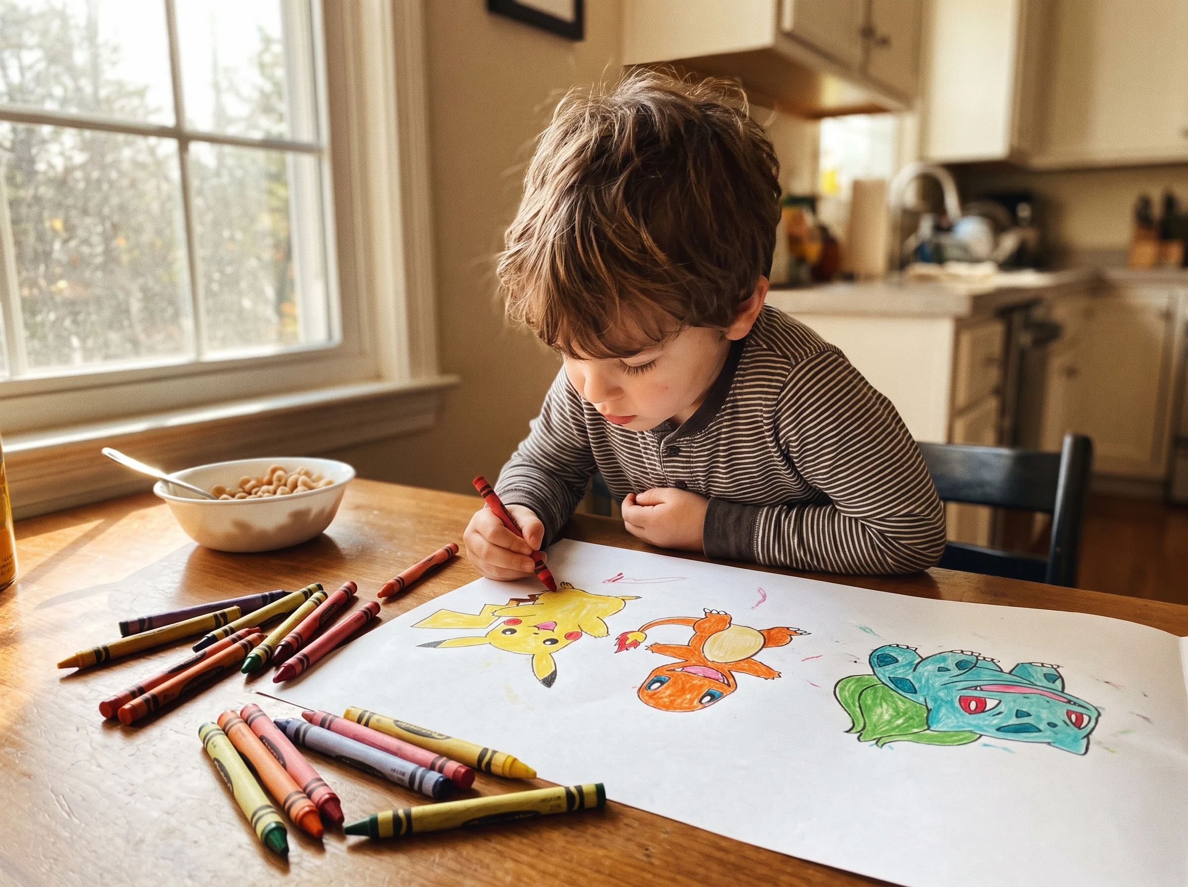 A kindergarten-aged boy sitting at a kitchen table with crayons, drawing colorful Pokémon characters on a sheet of paper, foc