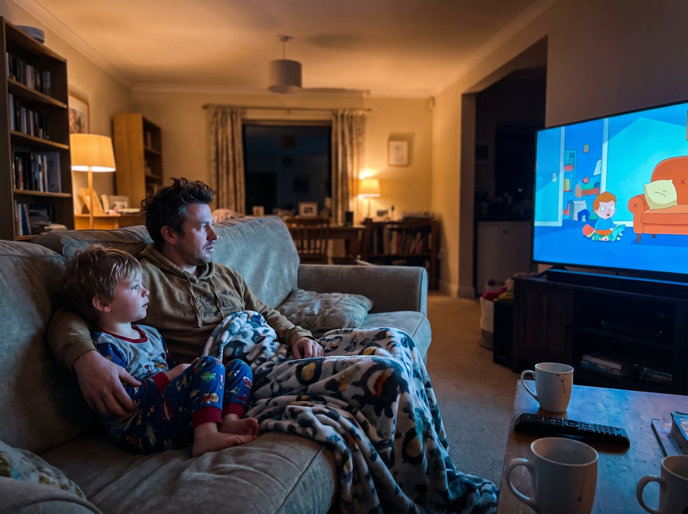 A father and son curled up on a couch watching an animated show together in the evening, blanket across their laps, glow of t