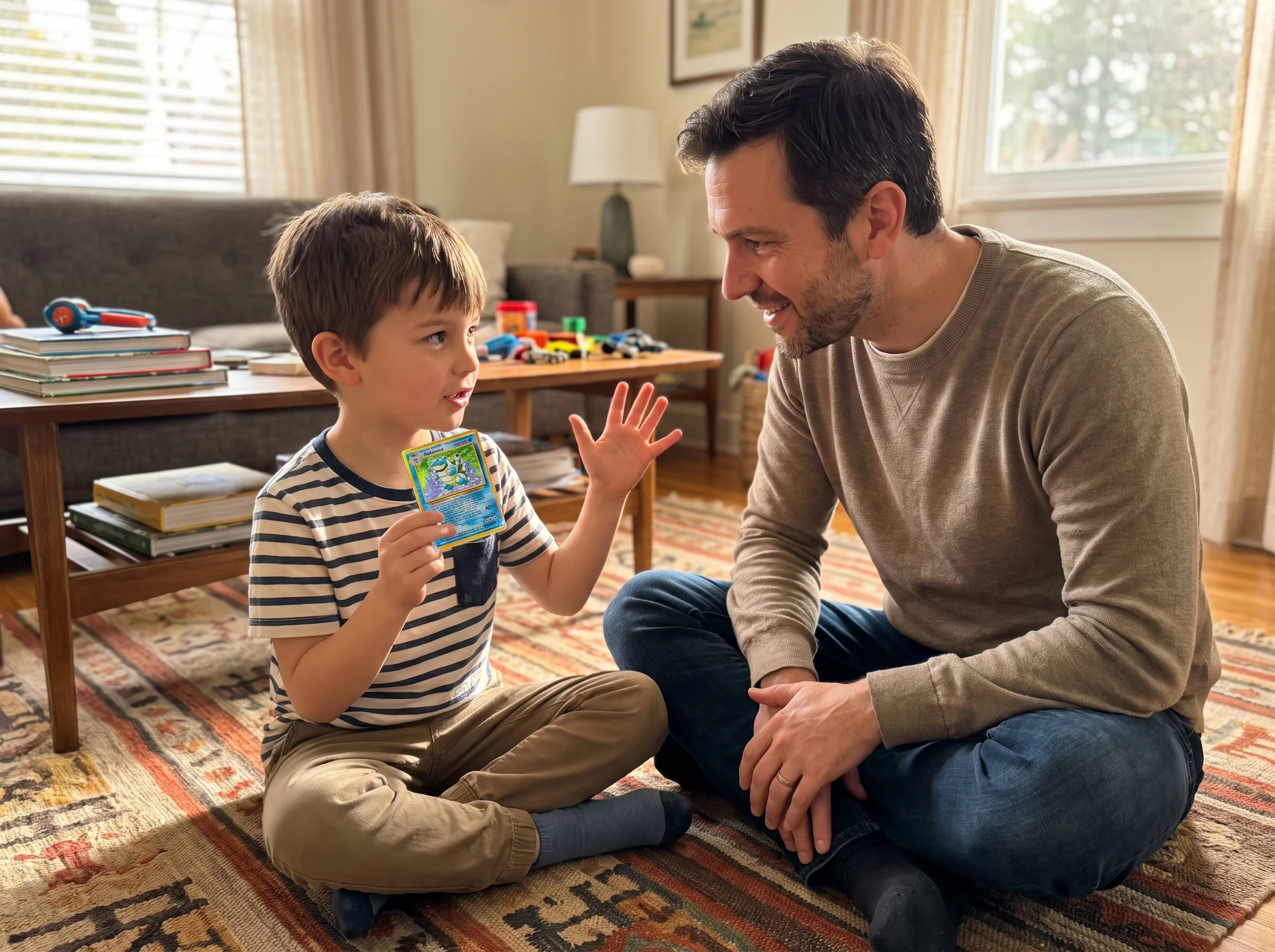 A boy holding up a Pokémon card and explaining it to his dad, both sitting cross-legged on a rug in a living room, dad leanin