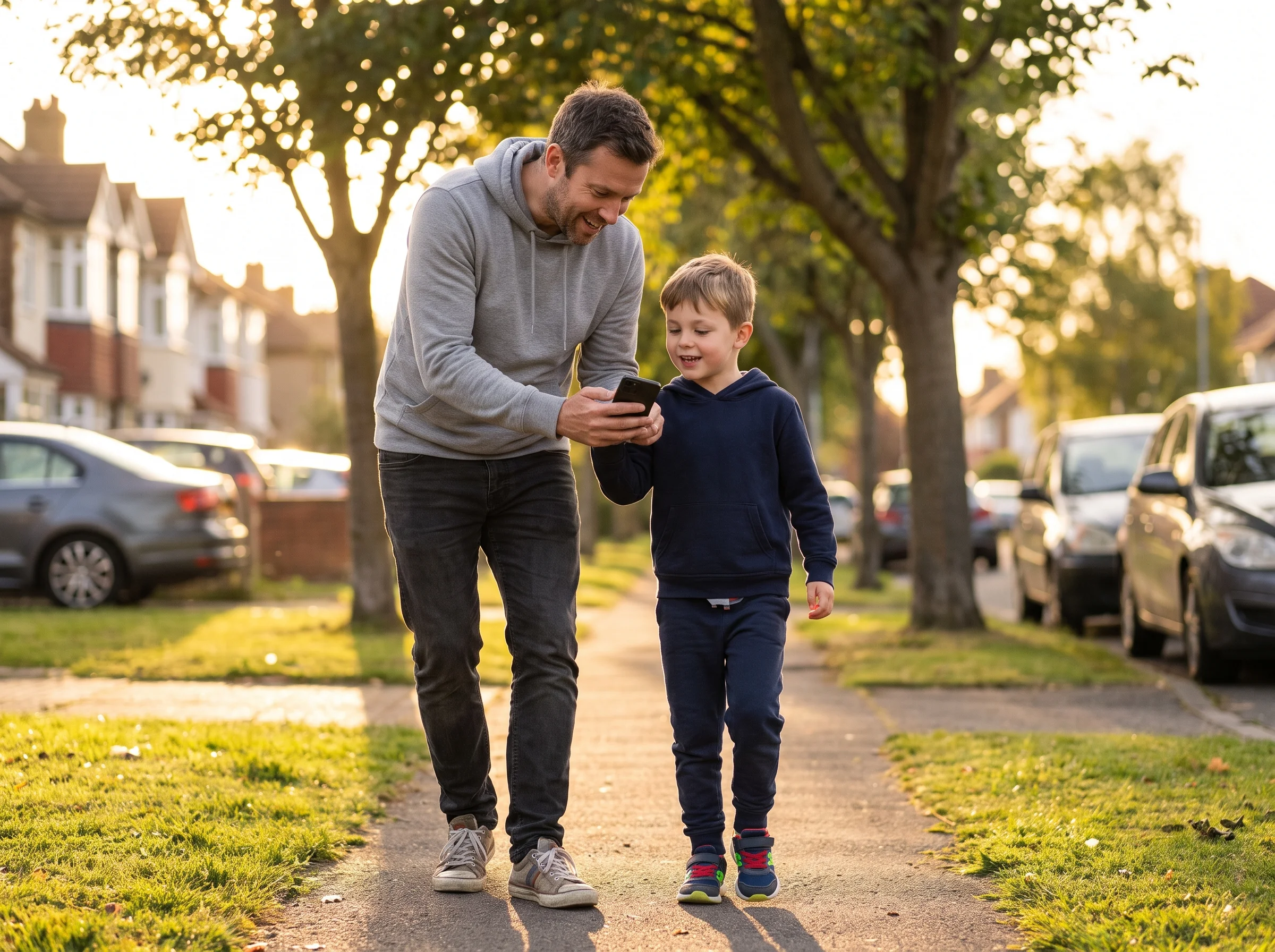A dad and son walking on a neighborhood sidewalk at golden hour, both looking down at a phone screen together, mid-conversati