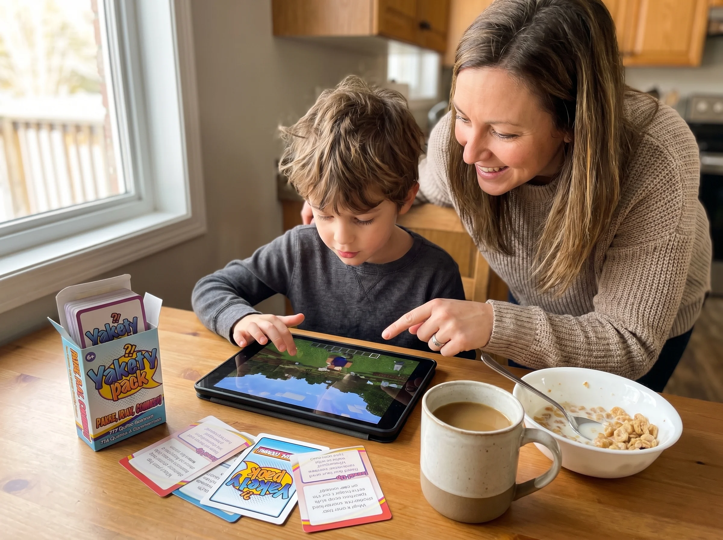 Young child playing Minecraft on a tablet at the kitchen table, mom leaning over watching with curiosity, morning coffee near