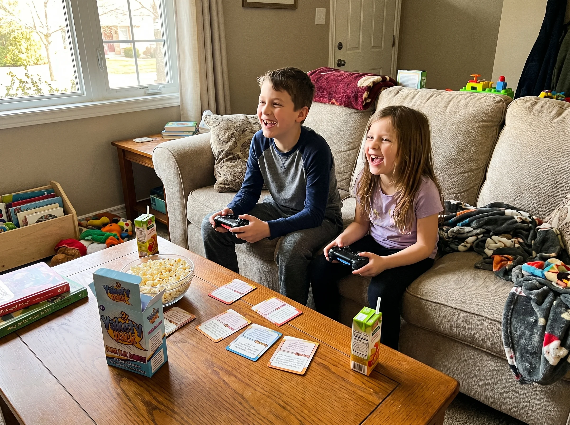 Two siblings around ages seven and ten sitting on a couch playing a video game together, controllers in hand, laughing