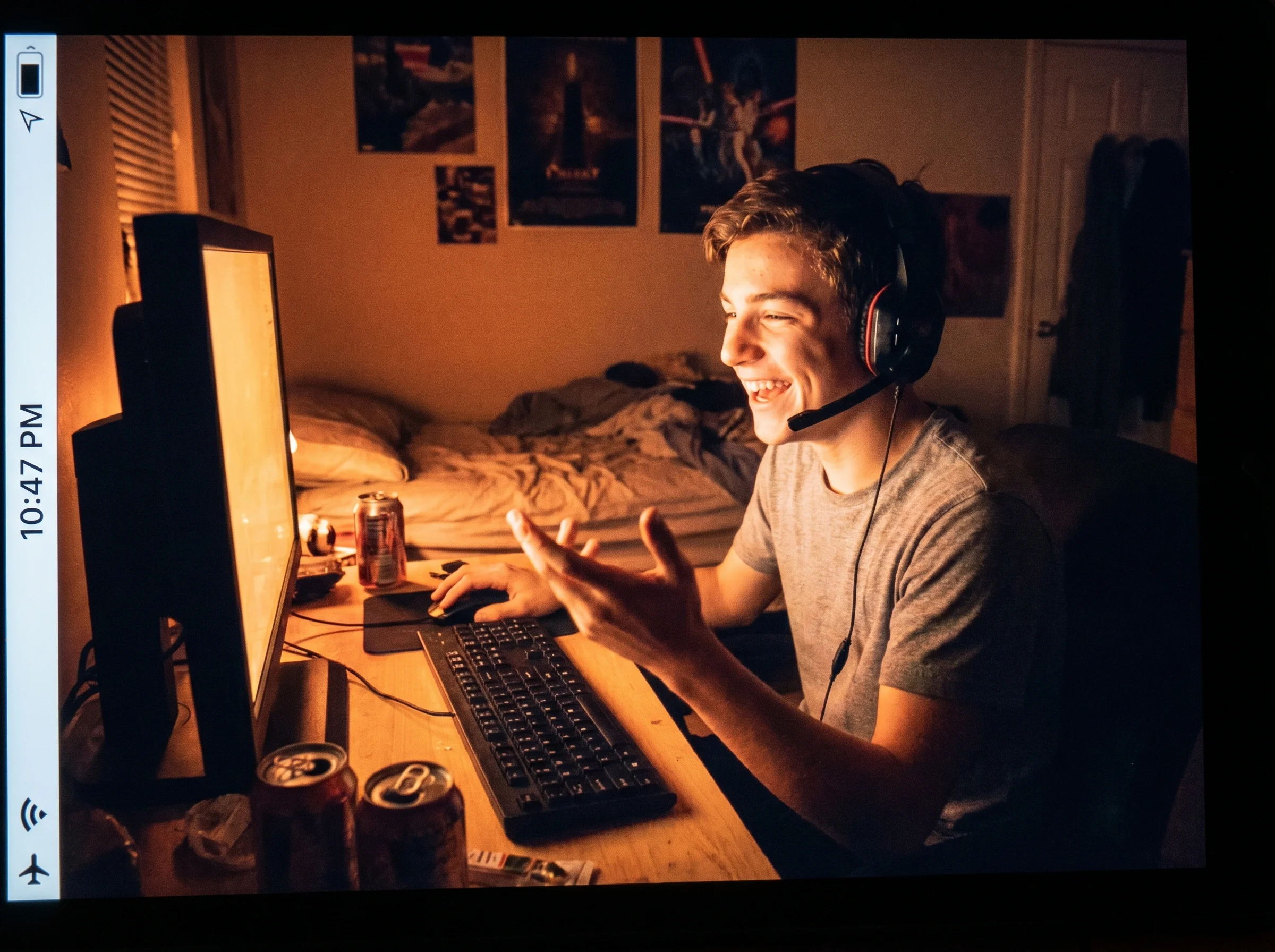 Teenager wearing headset at a desk in a dim room at night, monitor glow on his face, mid-conversation with teammates