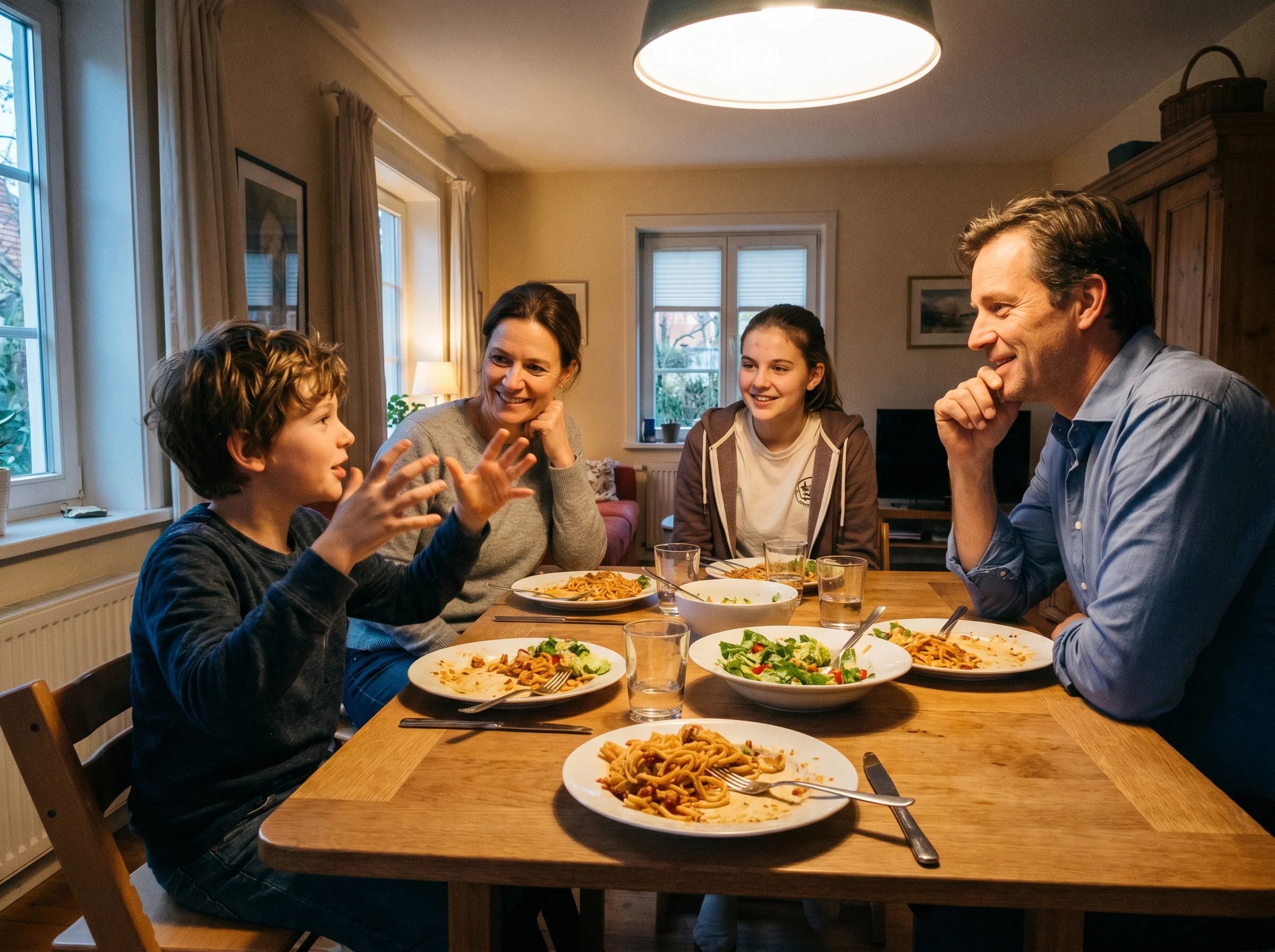 Family of four around a dinner table, parents leaning in listening as a kid tells an animated story, plates half-finished