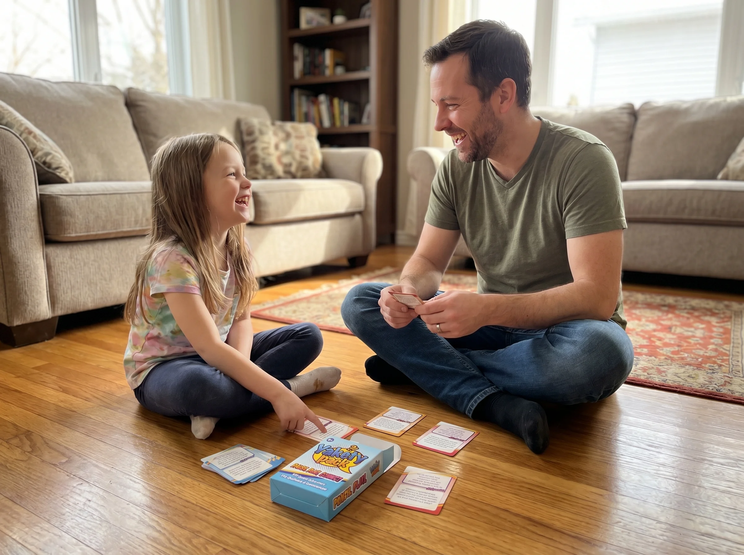 Dad and daughter sitting on living room floor with a deck of conversation cards between them, both smiling