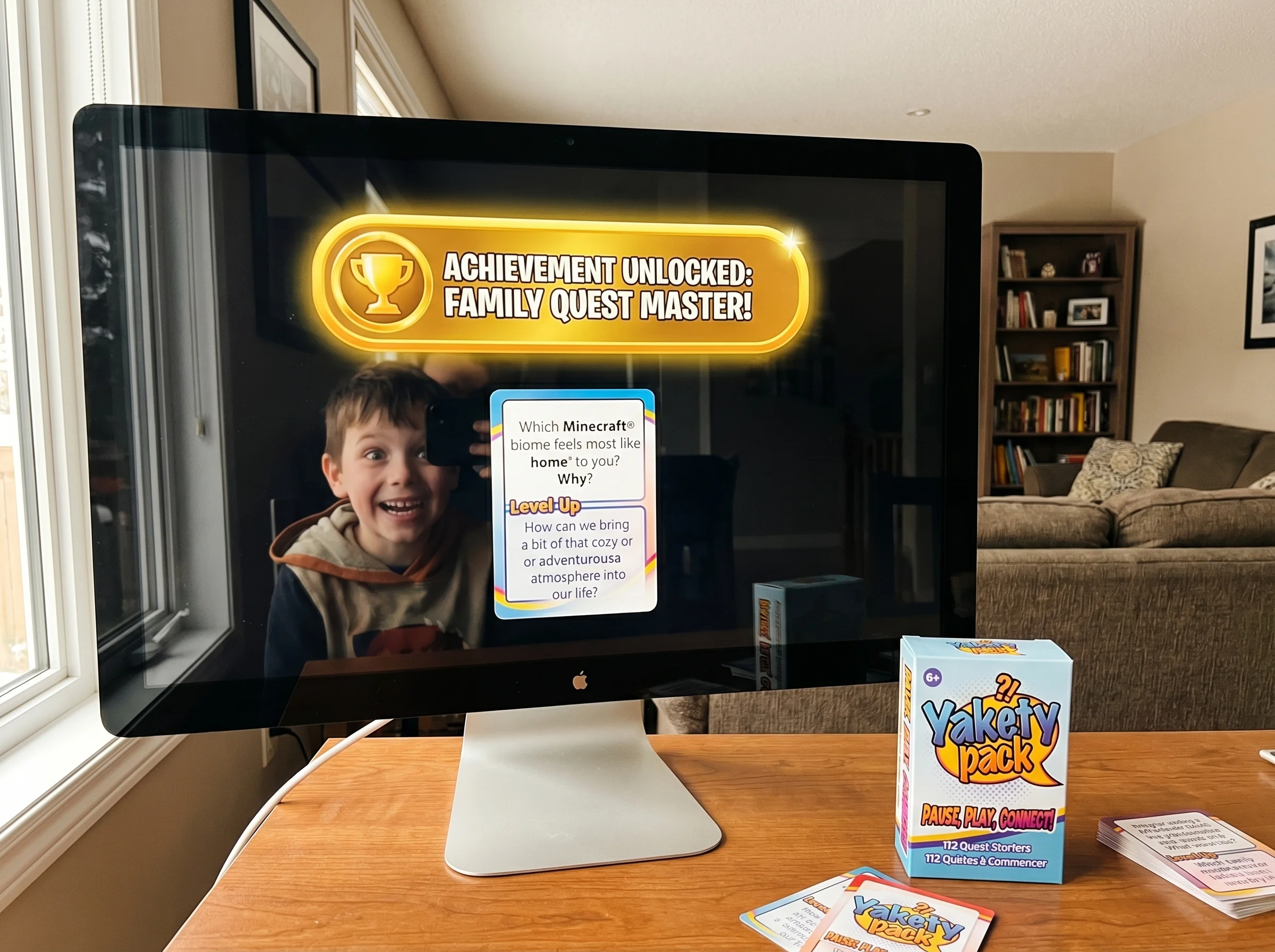 A computer screen showing a bright golden achievement notification popping up during gameplay, with a kid's reflection visibl