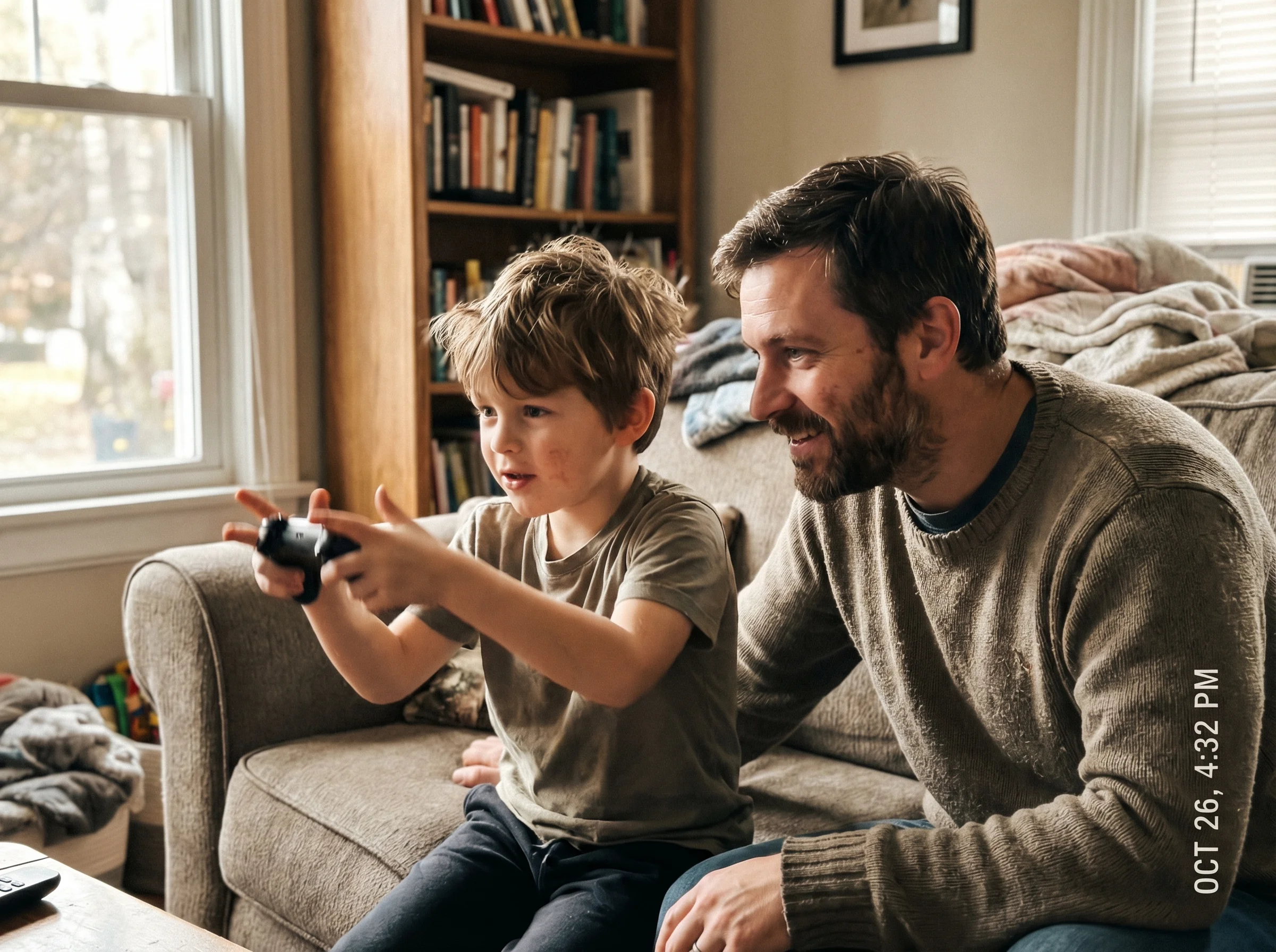 A father and son sitting on a couch, the boy animatedly gesturing while telling a story, his hands mimicking game controller