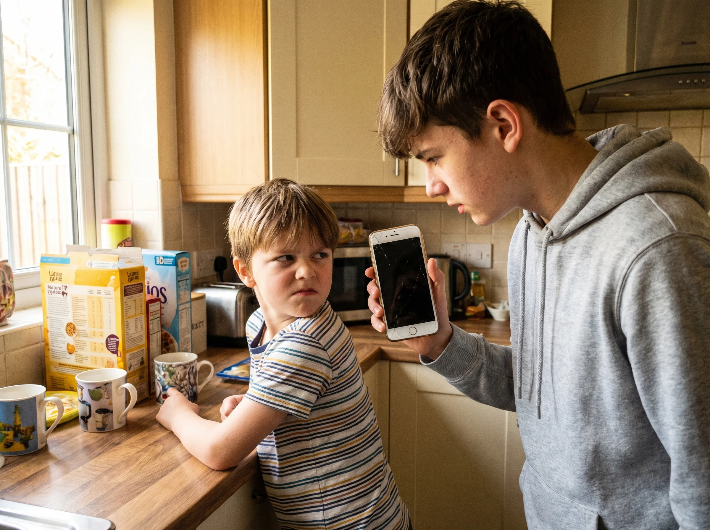 Two siblings at a kitchen counter, the older one showing something on their phone screen to the younger one who looks annoyed