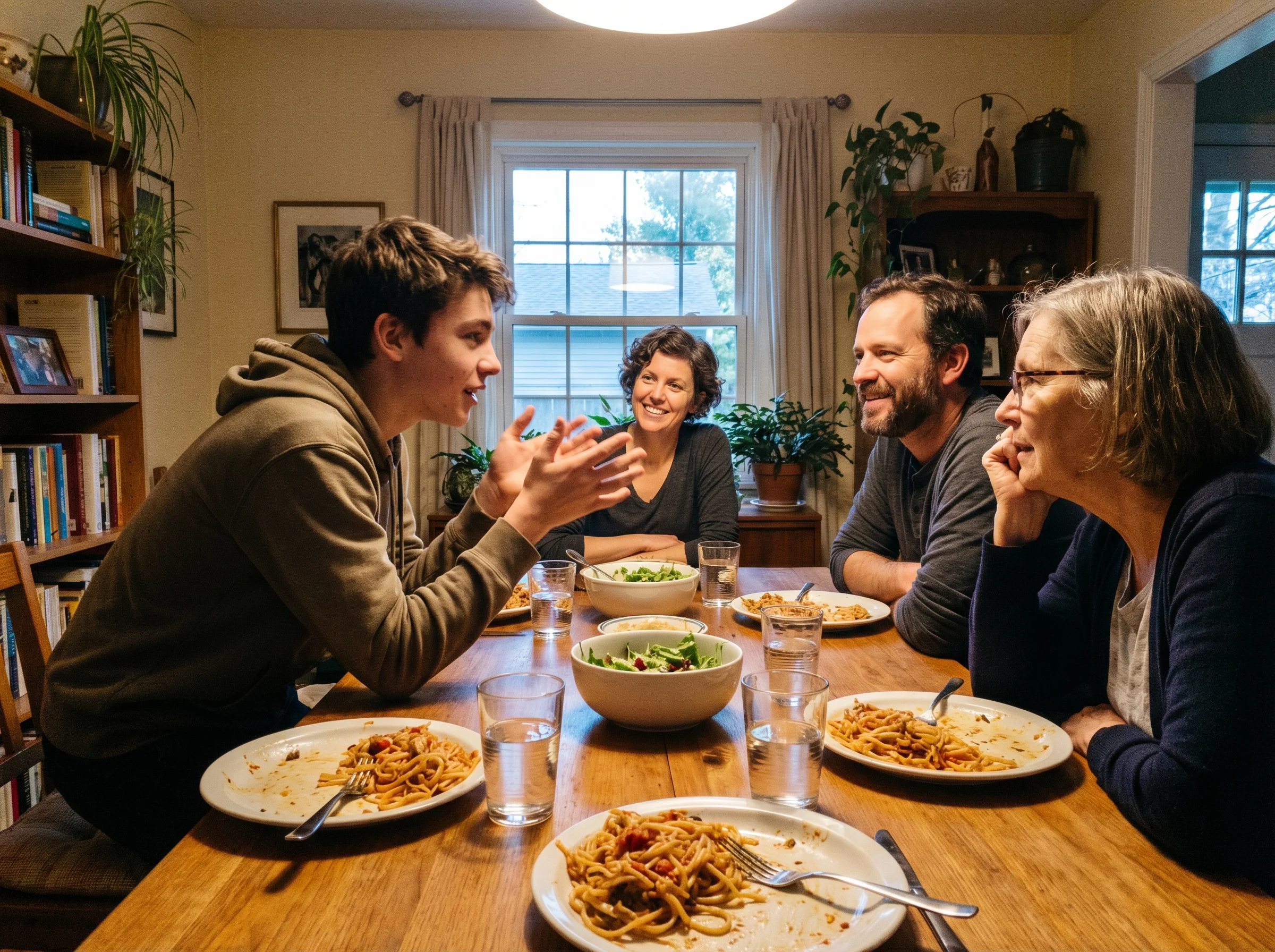 A dining table scene with a family eating dinner, a teenage boy mid-story with animated hand gestures while parents and grand