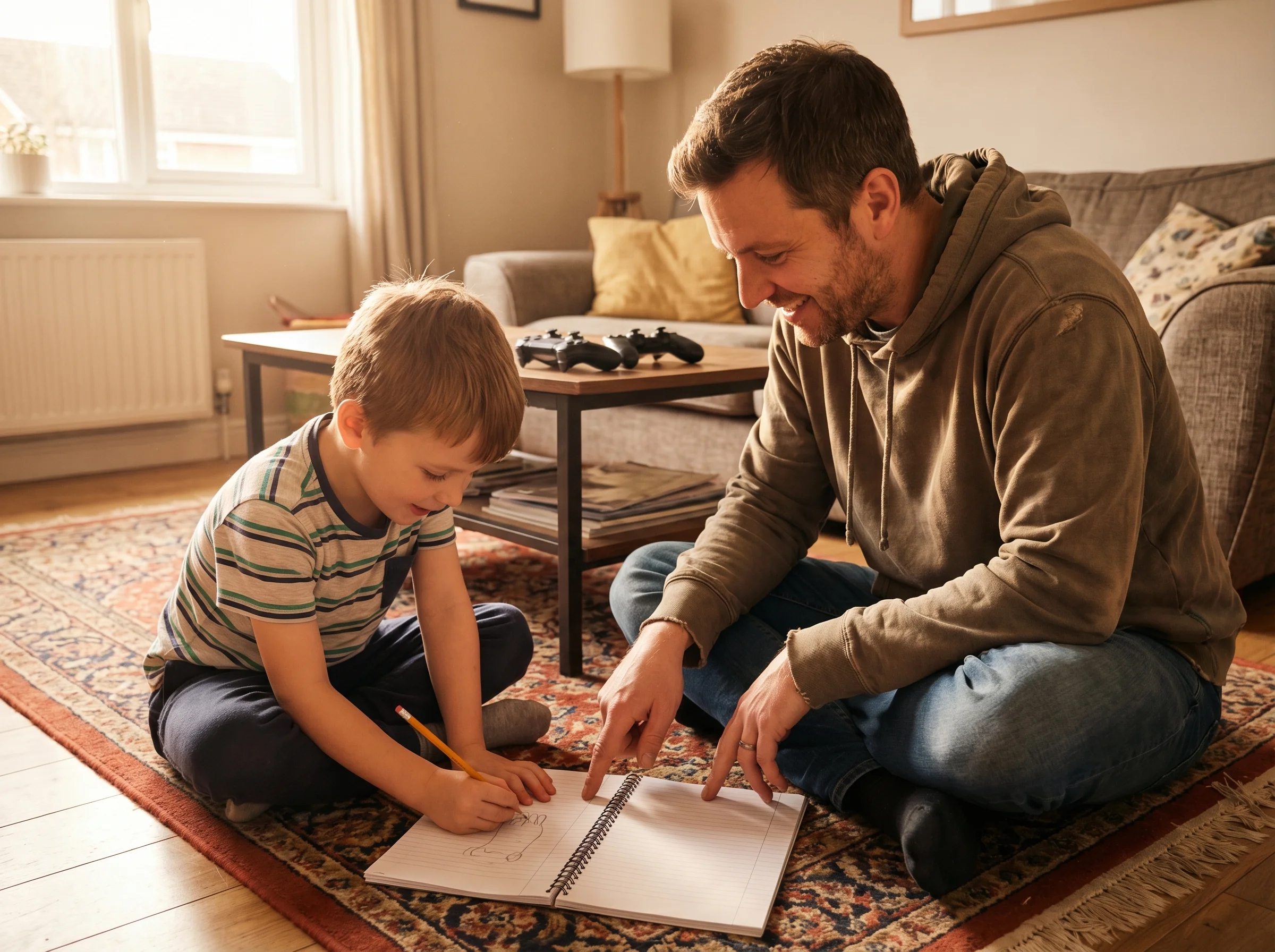 A father and son sitting on the floor with game controllers set aside, looking at a notebook together where the boy is drawin