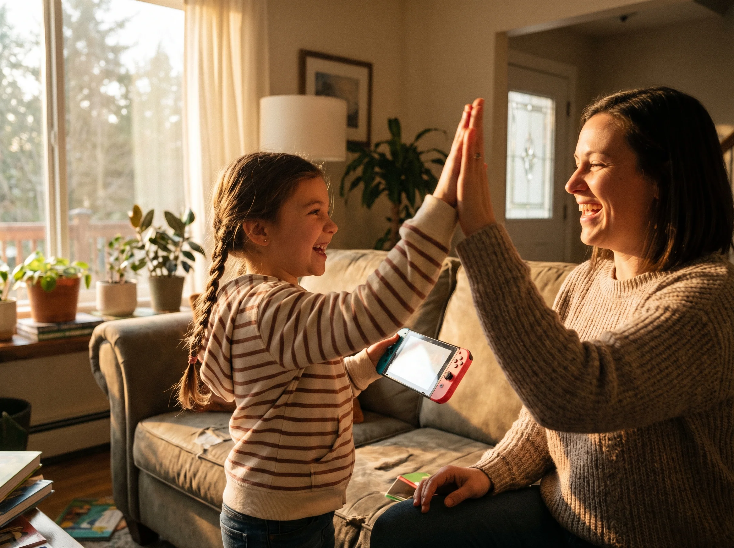 A young girl high-fiving her mom after showing something on her gaming device, both laughing, with warm afternoon light comin