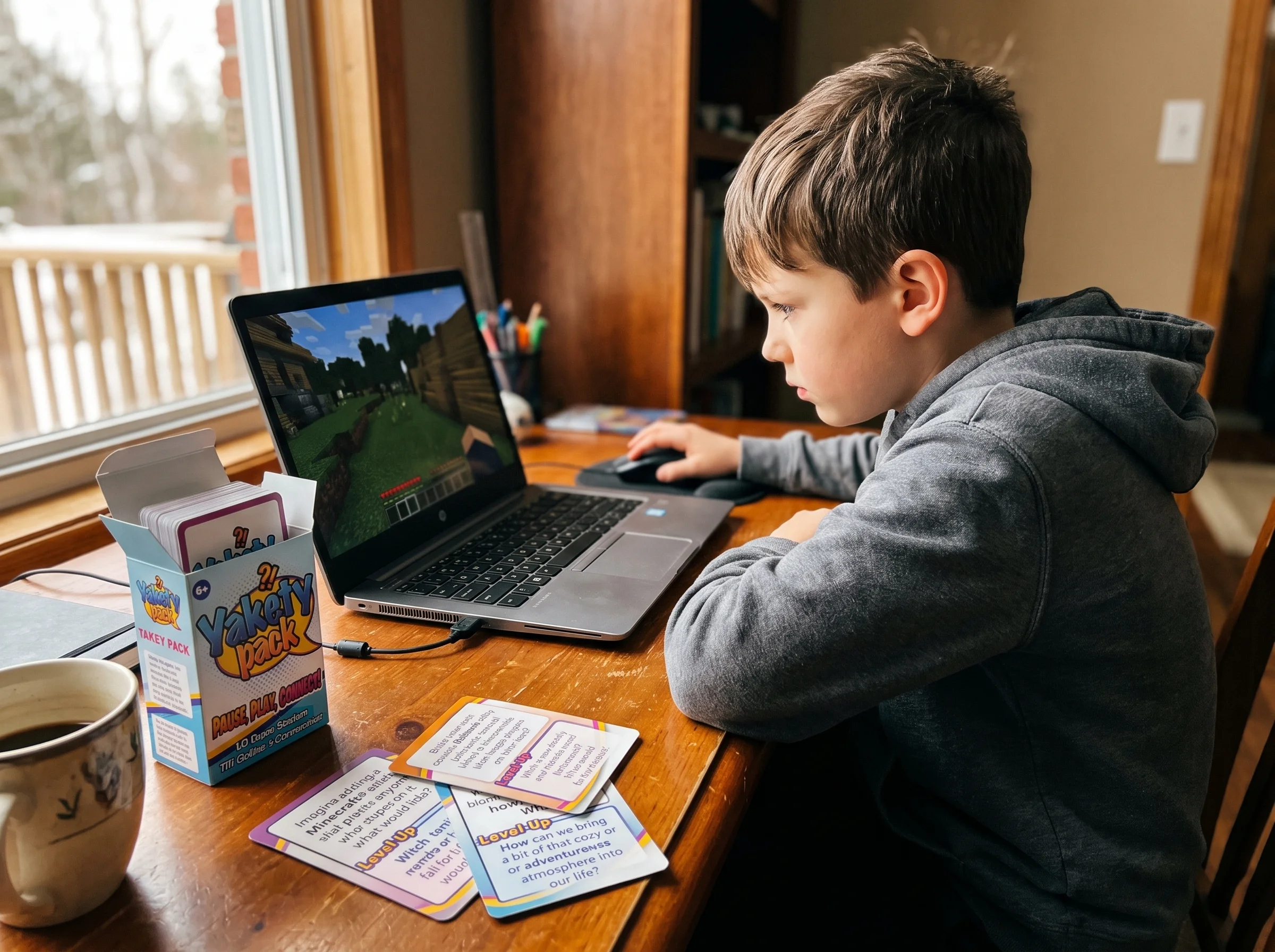 A 10-year-old boy at a desk playing Minecraft on a laptop, focused expression, parent's coffee cup visible in the corner of t