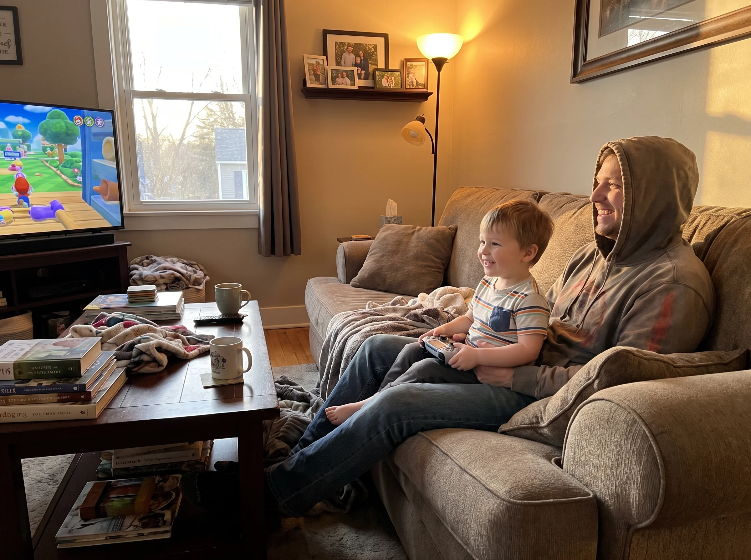 Parent and child sitting side by side on a couch, controller in the kid's hands, both smiling at the TV screen, cozy home env