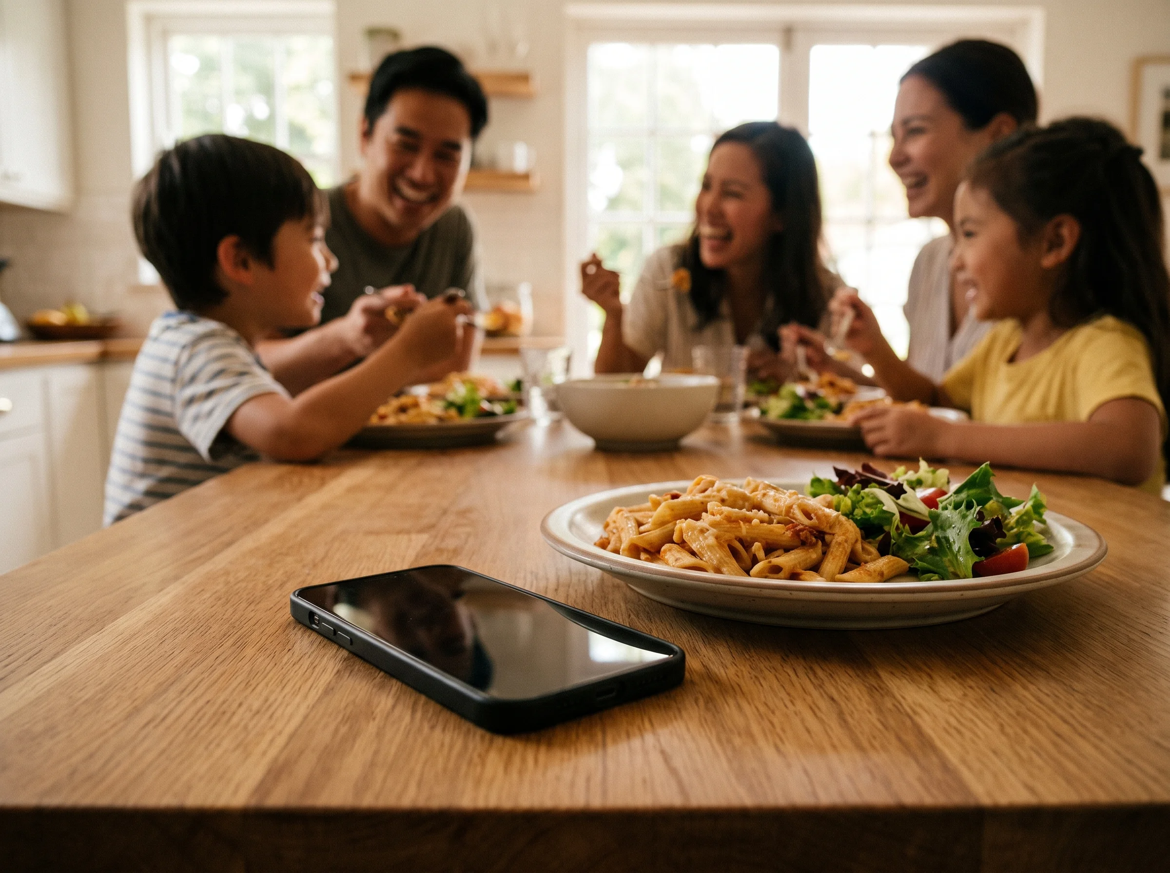 A phone face-down on a kitchen table next to a family dinner plate, blurred family in the background sharing a meal