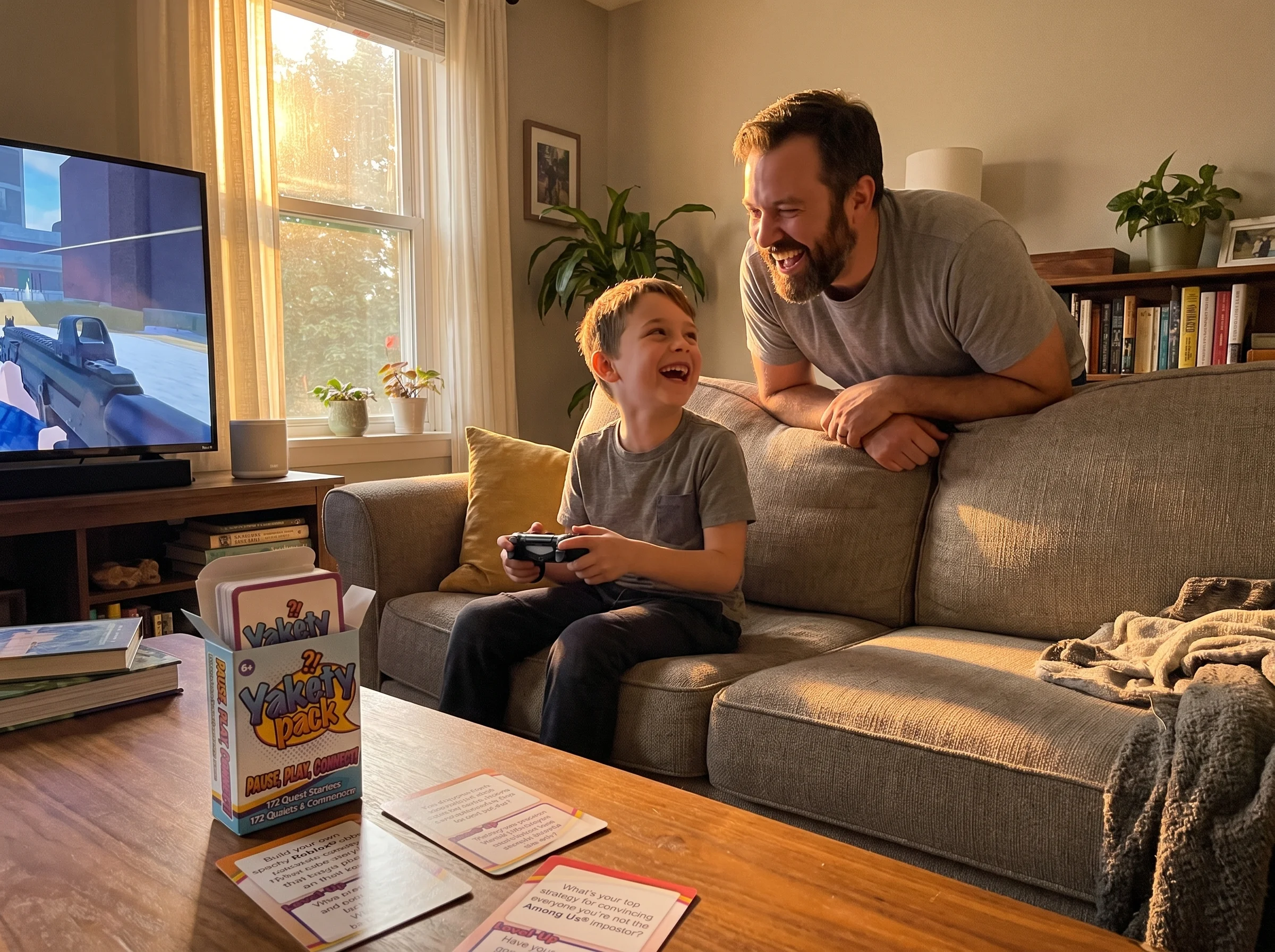 Dad leaning over the back of the couch watching his son play a video game, both laughing, evening light through the window