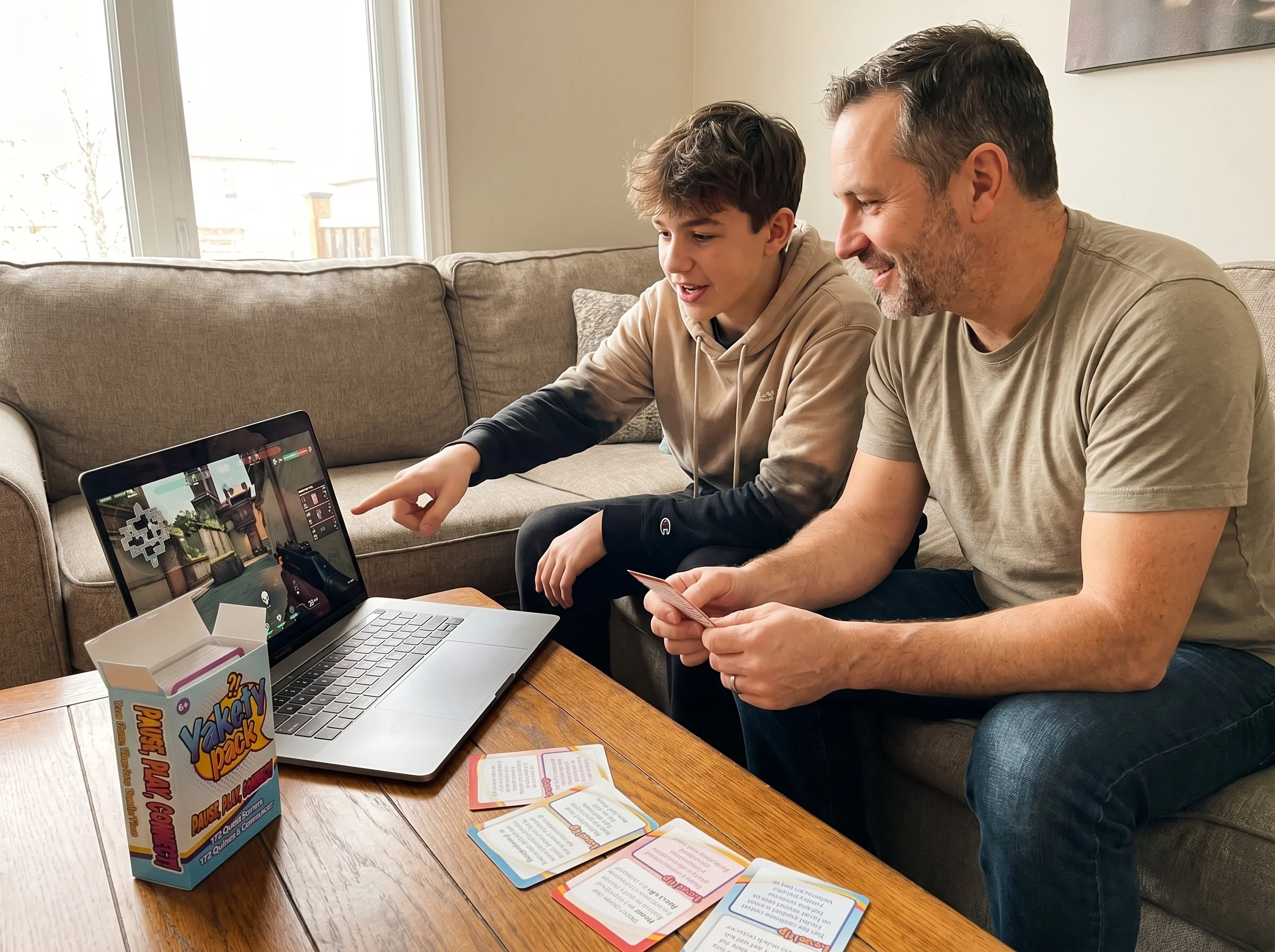A dad and teenage son sitting on a couch together watching a laptop screen showing a Valorant match replay, the son gesturing
