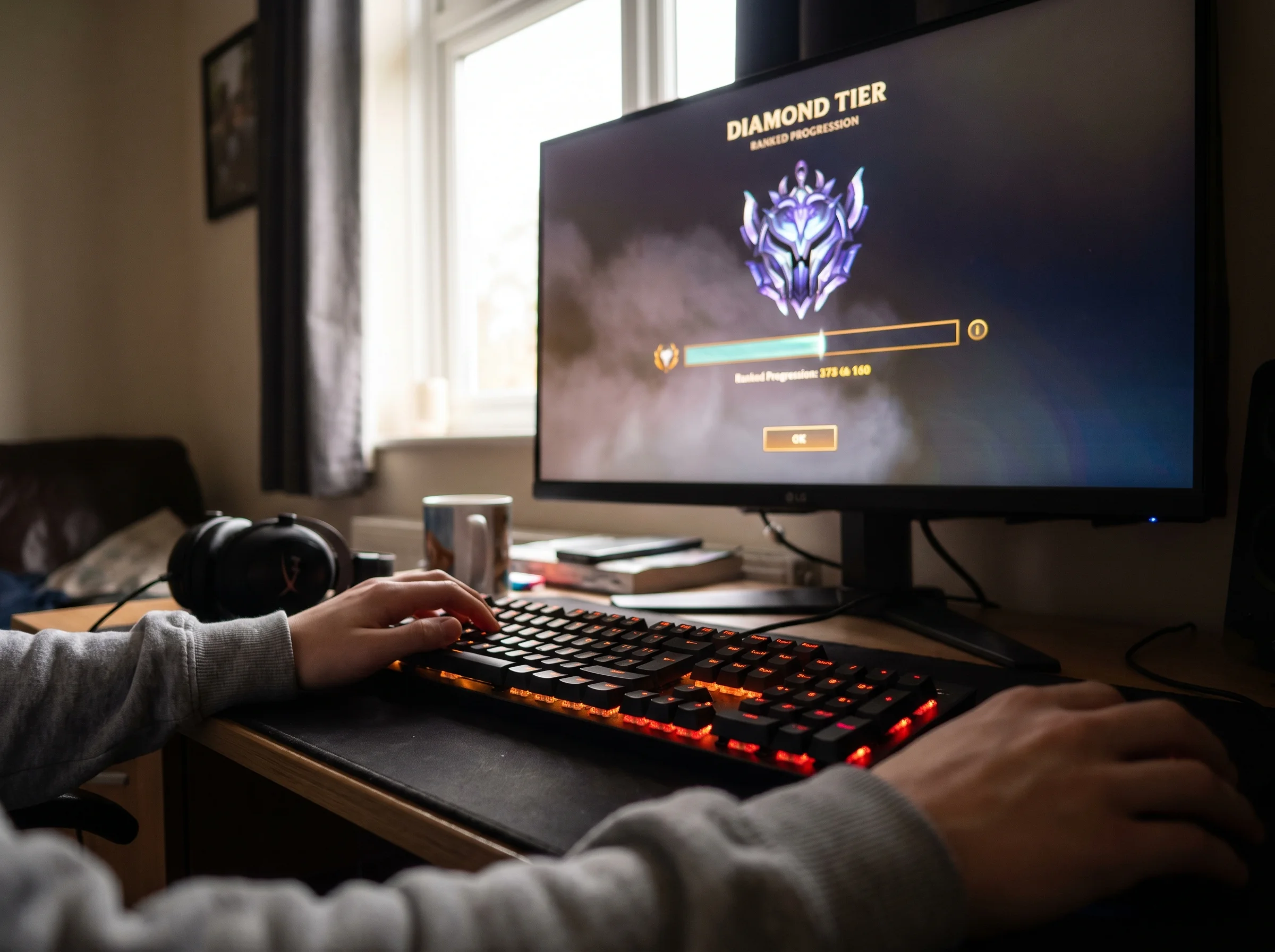 Close-up of a gaming monitor showing a ranked progression screen with Diamond tier visible, a teenager's hands resting on a k