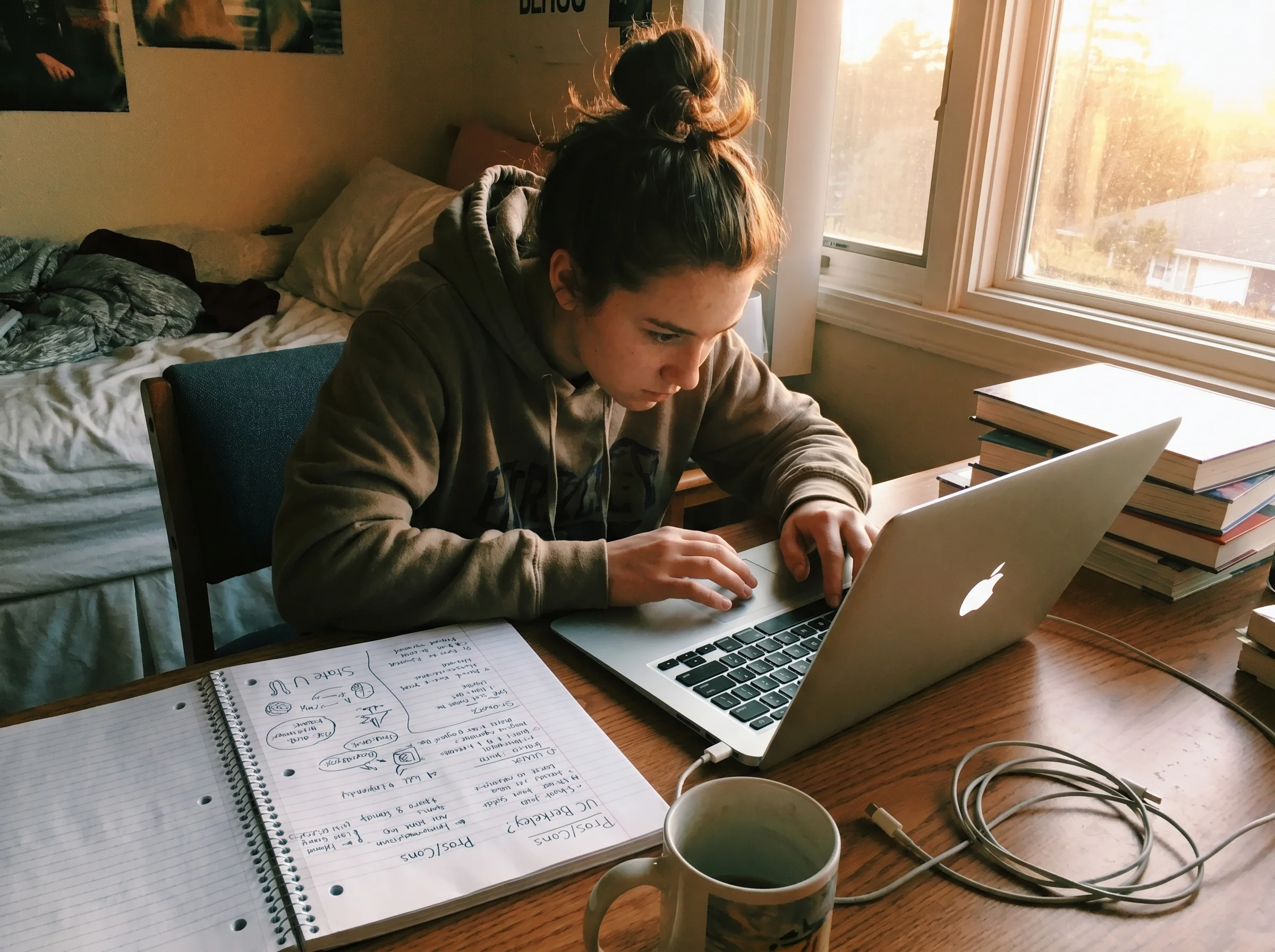 A teenager at a desk typing an email on a laptop, a notebook with handwritten notes about colleges next to the keyboard, late
