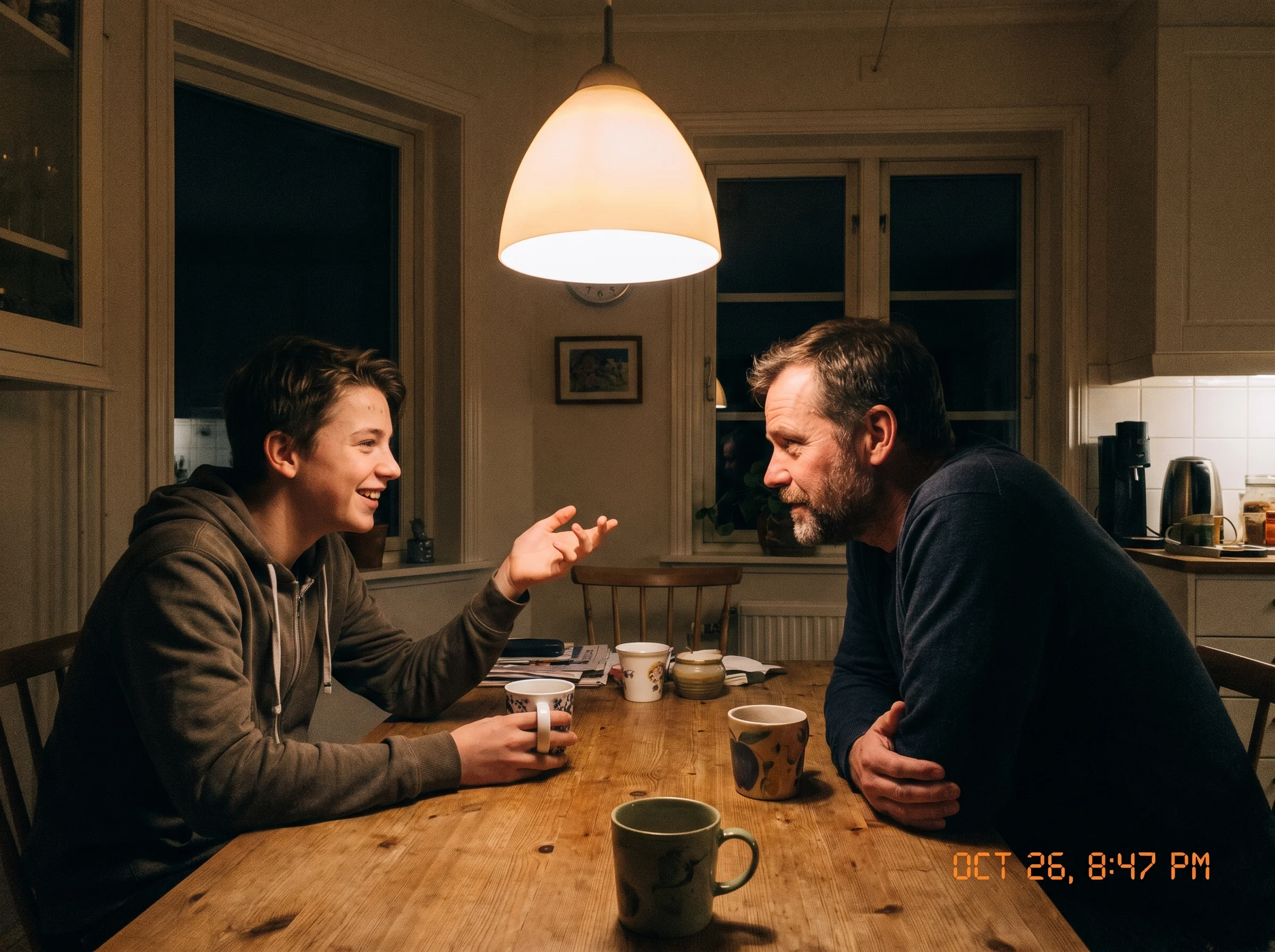 A dad and teenage son sitting at a kitchen table at night with mugs of coffee and hot chocolate, mid-conversation, the son sm