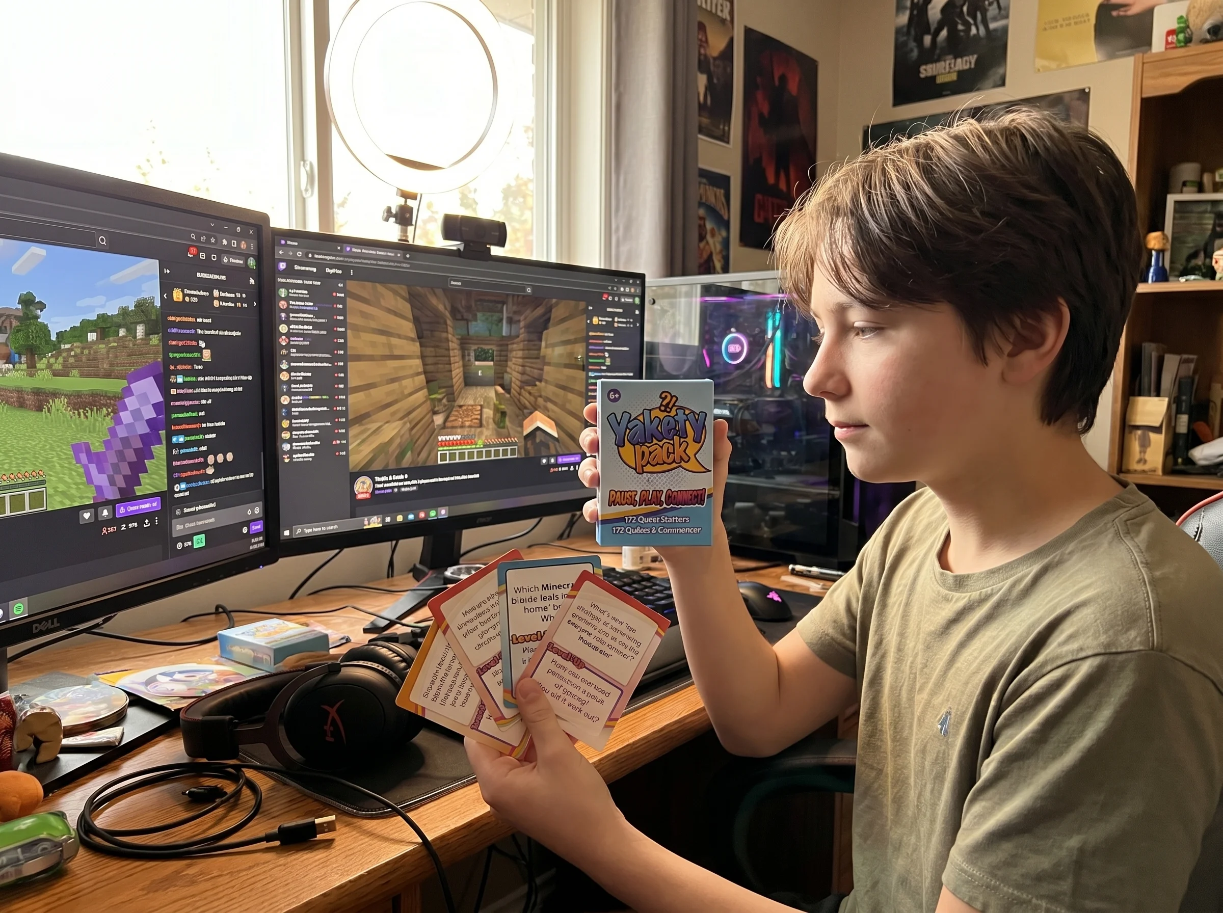 A teenager streaming on Twitch from a small home setup, ring light visible, multiple monitors showing chat and gameplay, calm