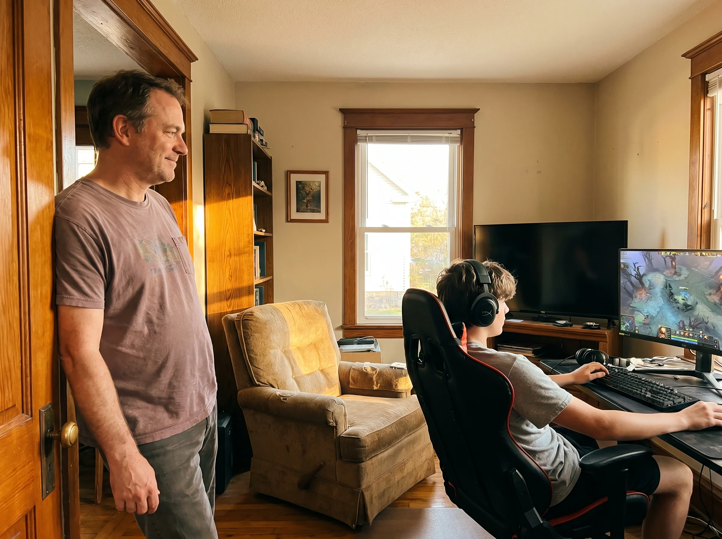A dad standing in a doorway watching his teenage son game, a small smile on his face, the son focused on the screen, warm eve