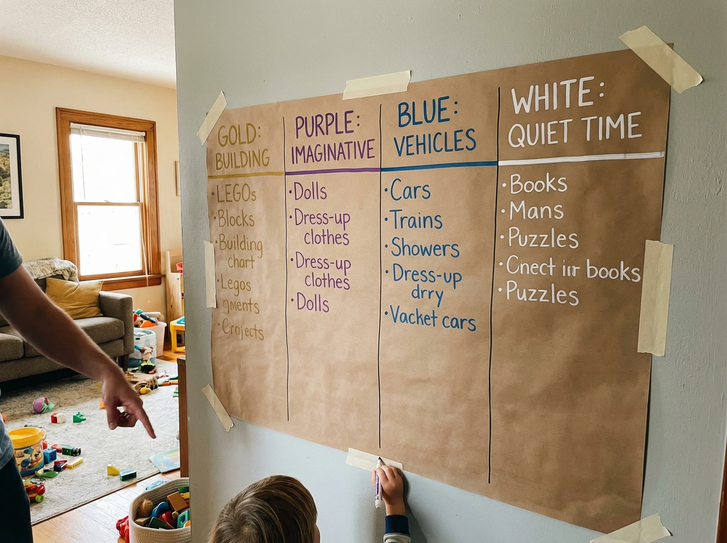 Homemade chart taped to a wall showing toy categories with colored markers - gold, purple, blue, and white sections with item