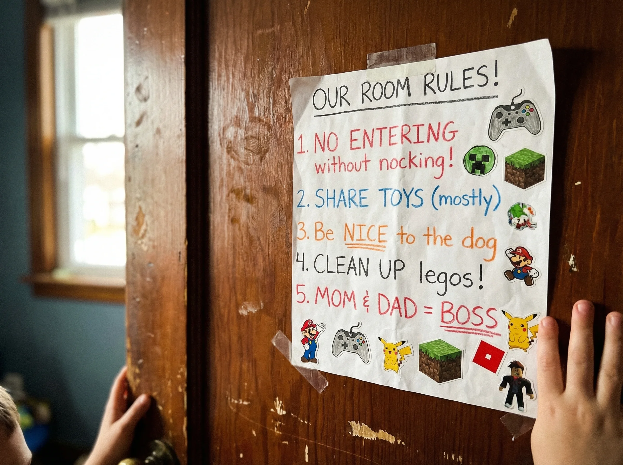 Kids' handwritten rules list posted on a bedroom door, decorated with game-themed doodles and stickers around the edges