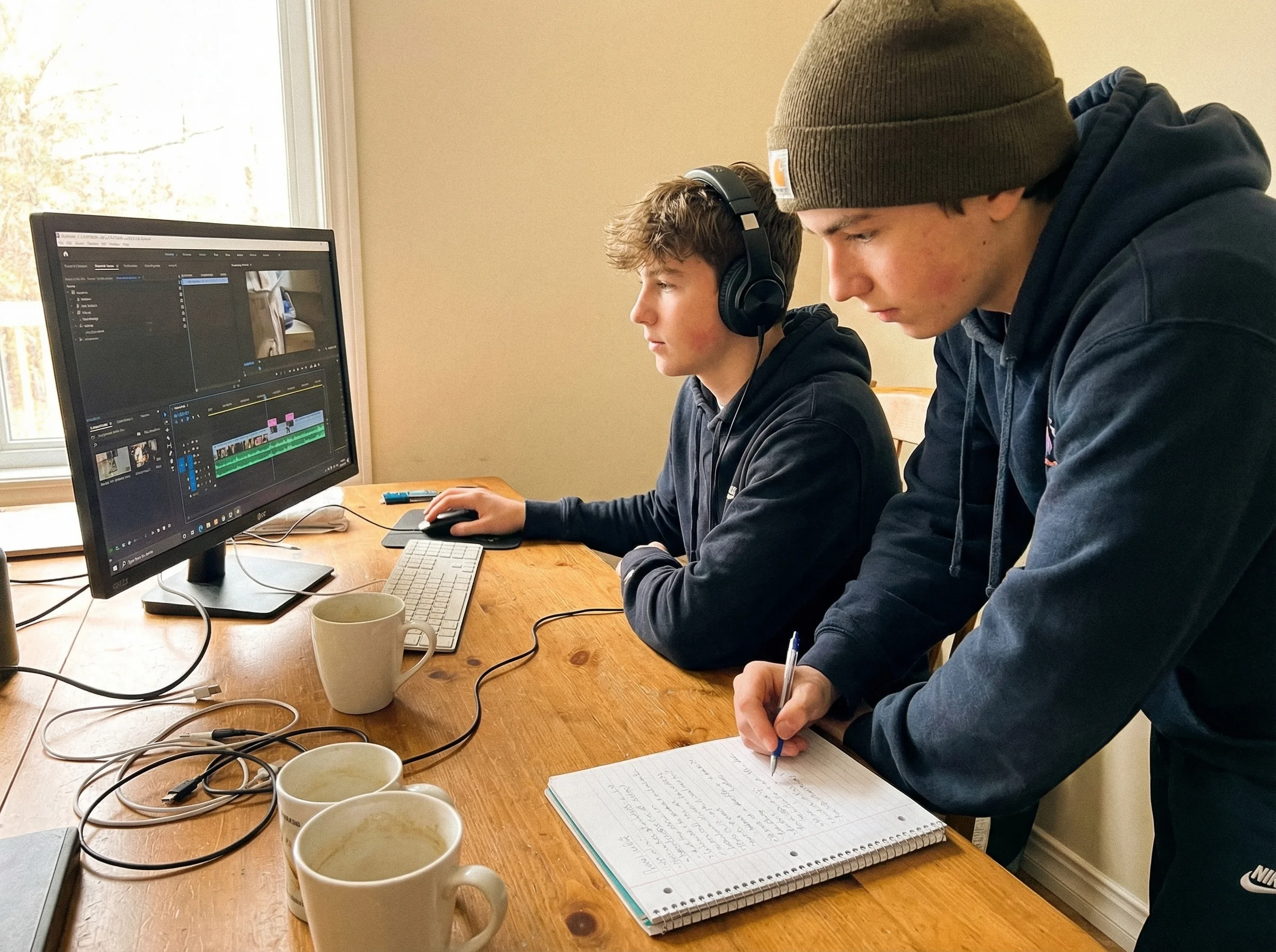 Two teenage boys at a desk with computer setup, one editing video while the other reviews notes, working together on their ch