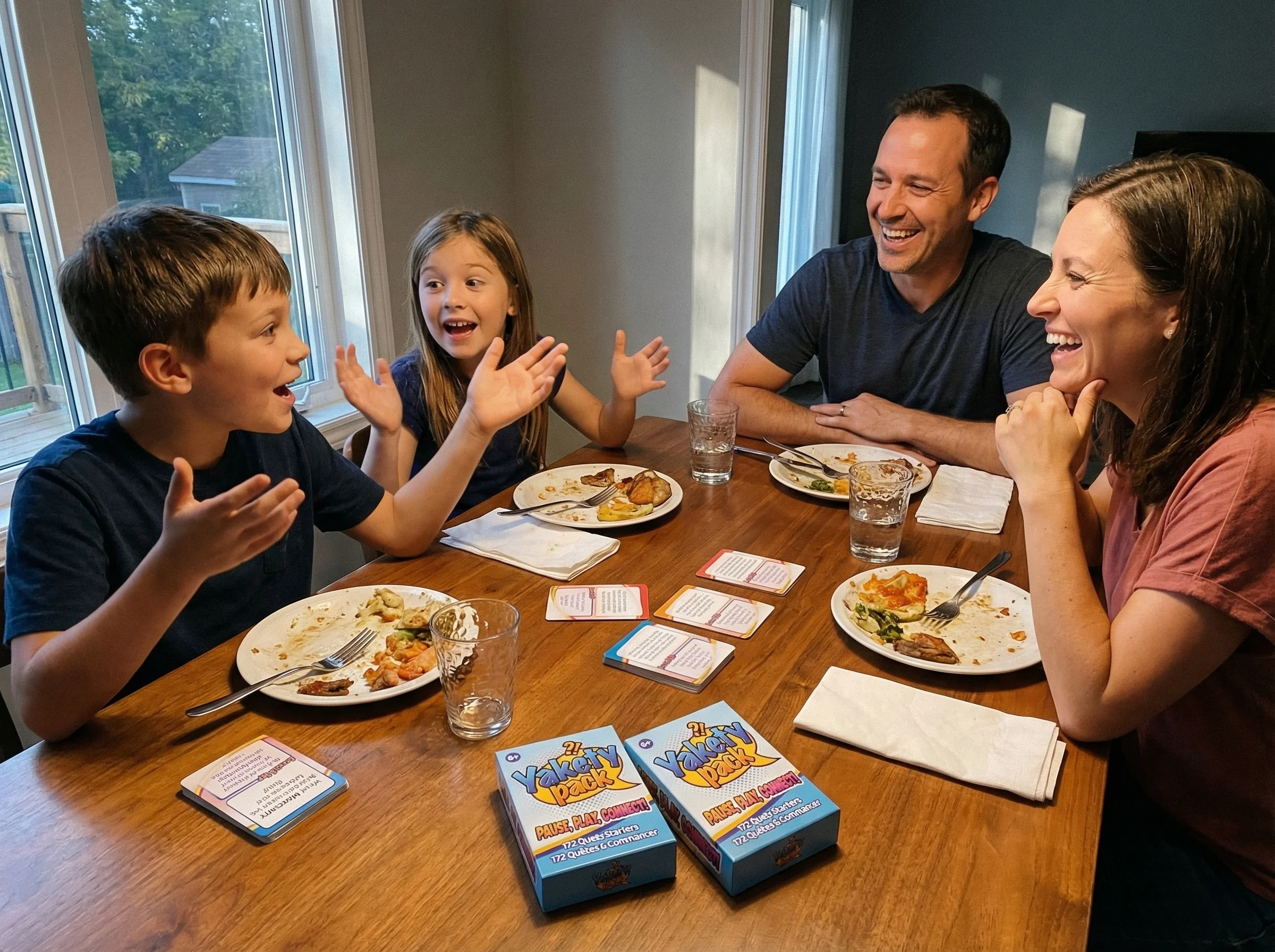 Family at dinner table with Yakety Pack cards visible, kids animatedly telling stories while parents listen and laugh. Make s