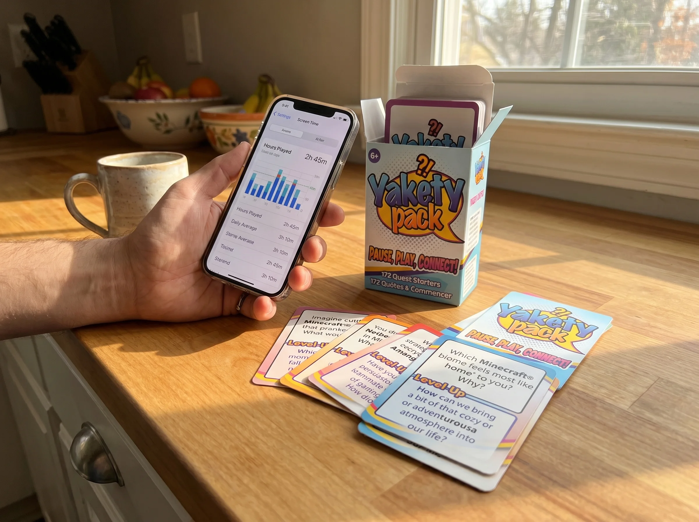 Close-up of a screen time tracking app on a phone showing hours played, with a parent's hand holding it on a kitchen counter,