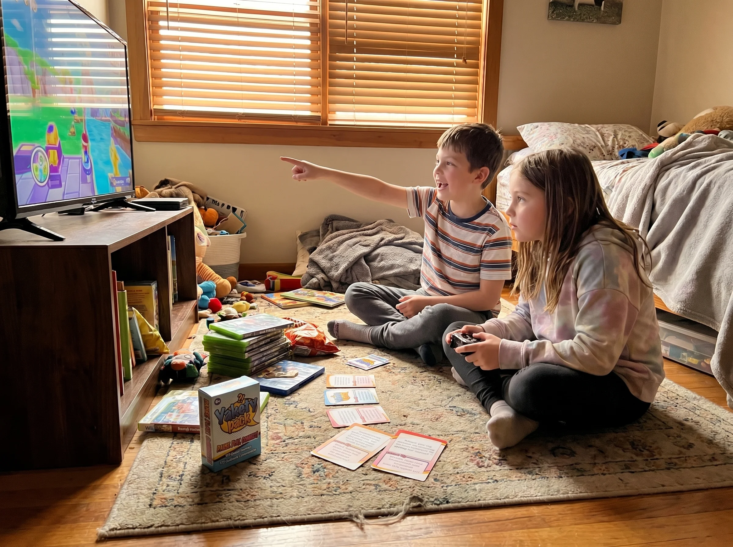 Two kids sitting cross-legged on a bedroom floor playing a console game together, one pointing at the screen while the other 