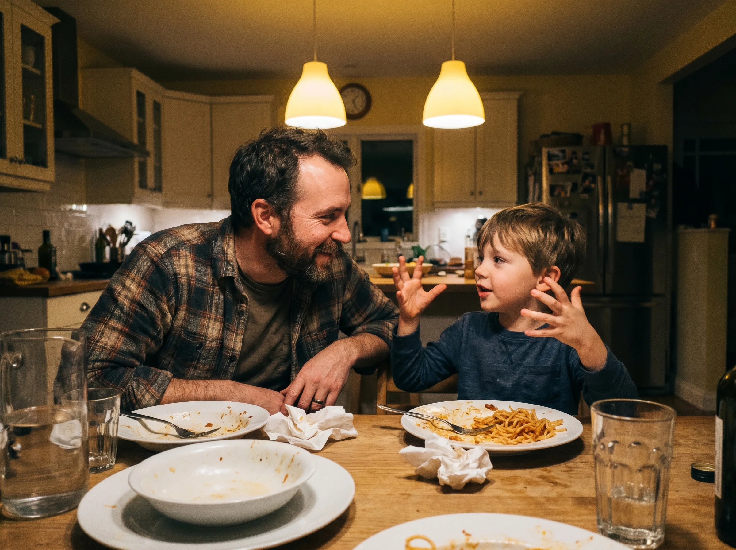 A dad and his son sitting at a kitchen table after dinner, the dad listening intently while the son talks animatedly with his