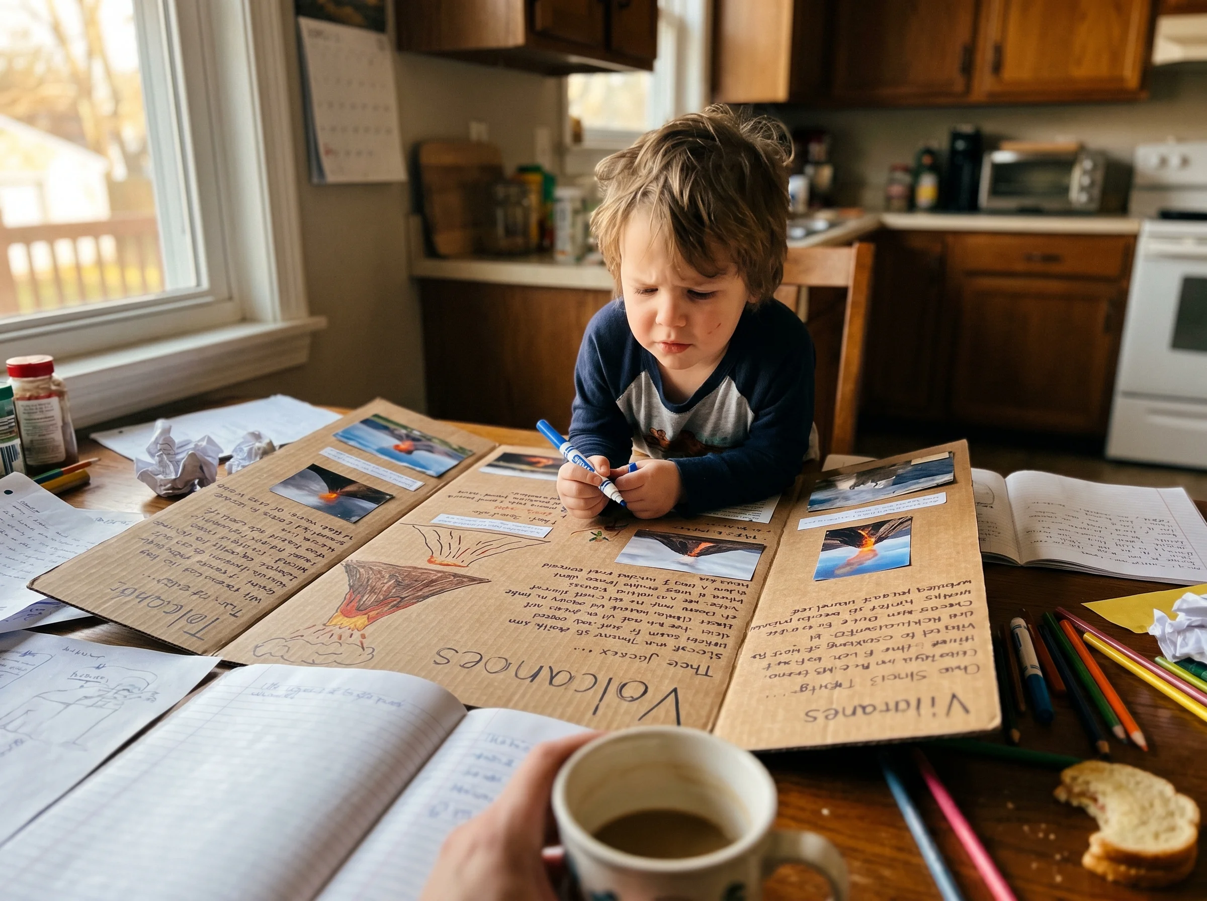 A kid at a kitchen table working on a science fair poster board with markers, surrounded by sketches and notes, focused expre
