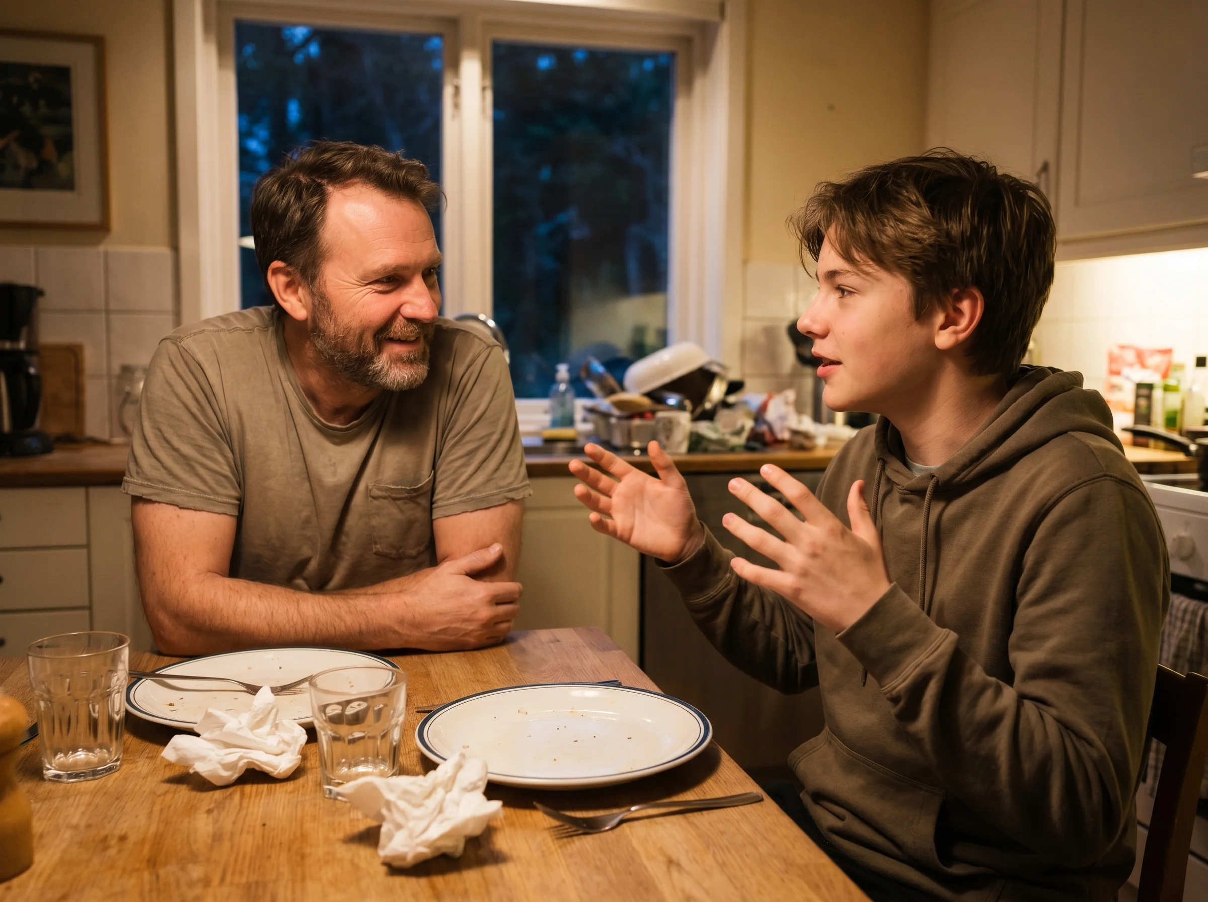 A father and son sitting side by side at a kitchen table after dinner, dad leaning in listening, son talking with hands, plat
