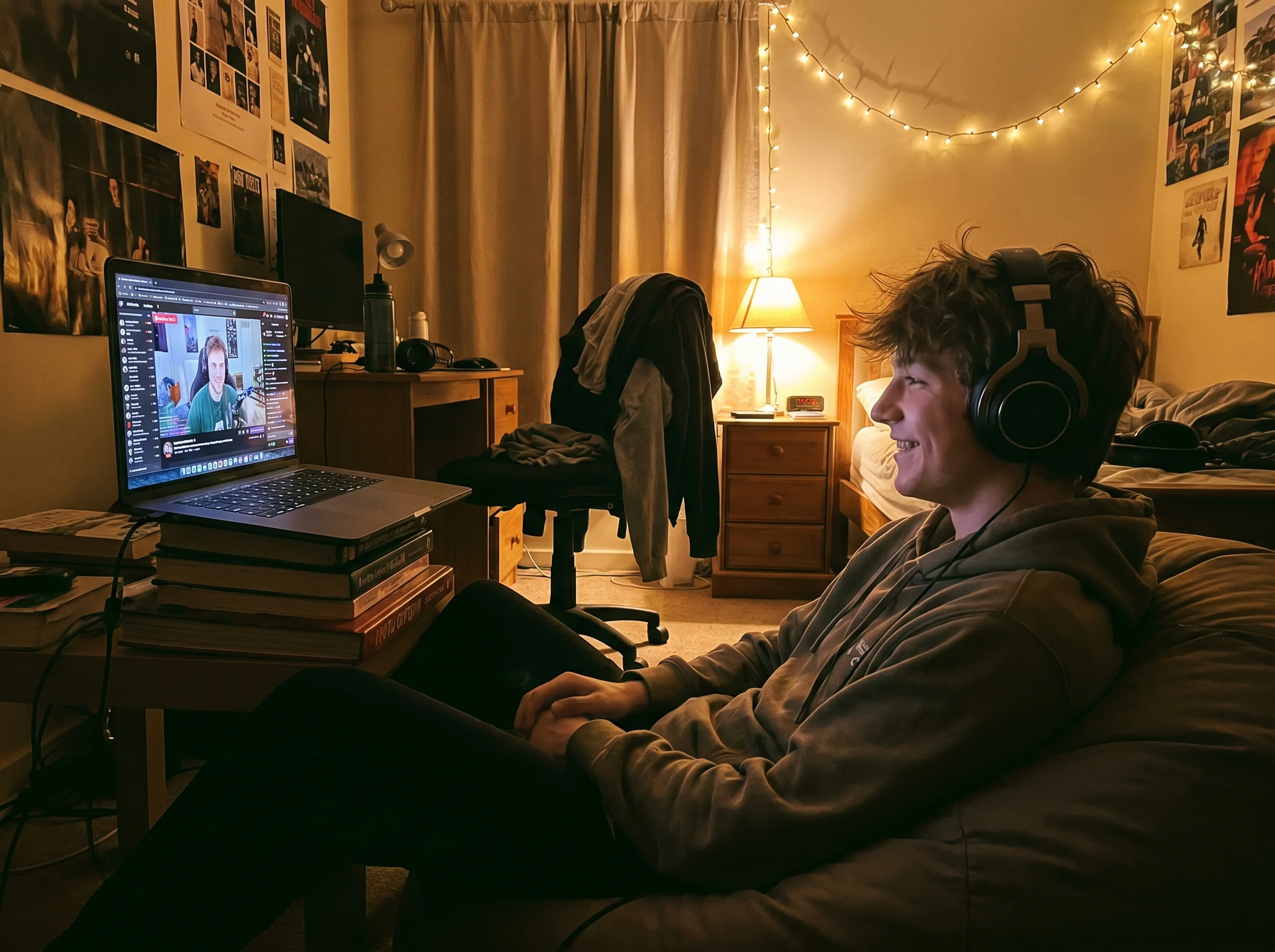 Teen watching a streamer on a laptop in a bedroom, headphones on, casual evening lighting