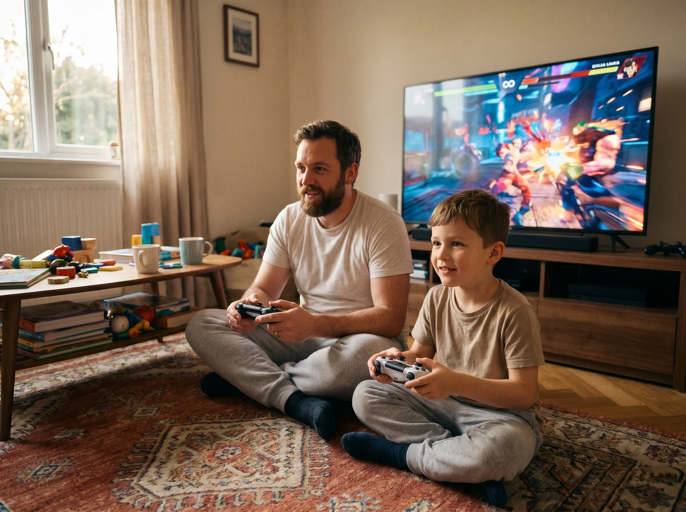 A dad sitting next to his son on the floor in front of a TV, both holding controllers, mid-match, casual focused expressions