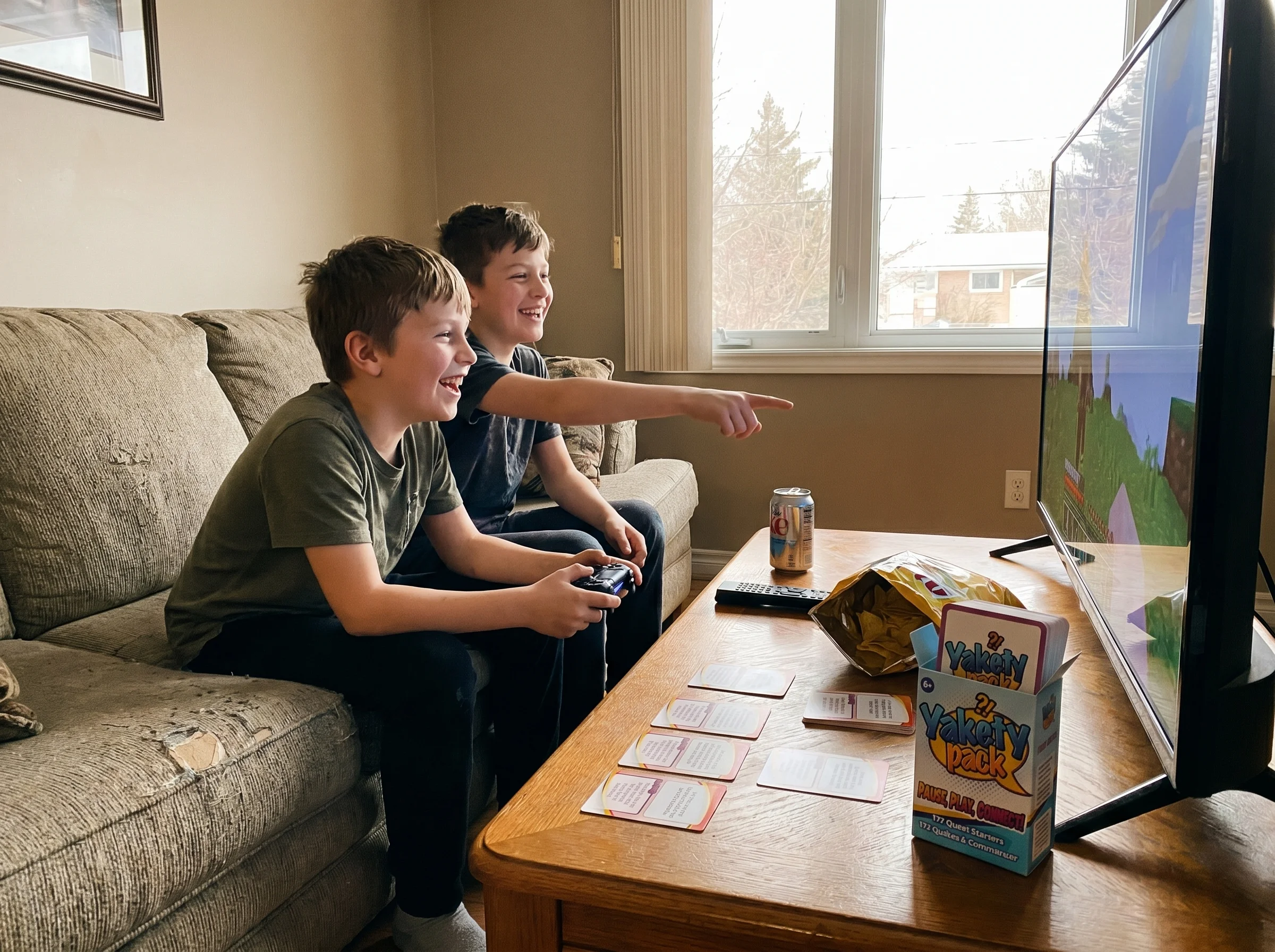 Two boys playing video games together on a couch at a friend's house, snacks and a soda can on the coffee table, casual hango