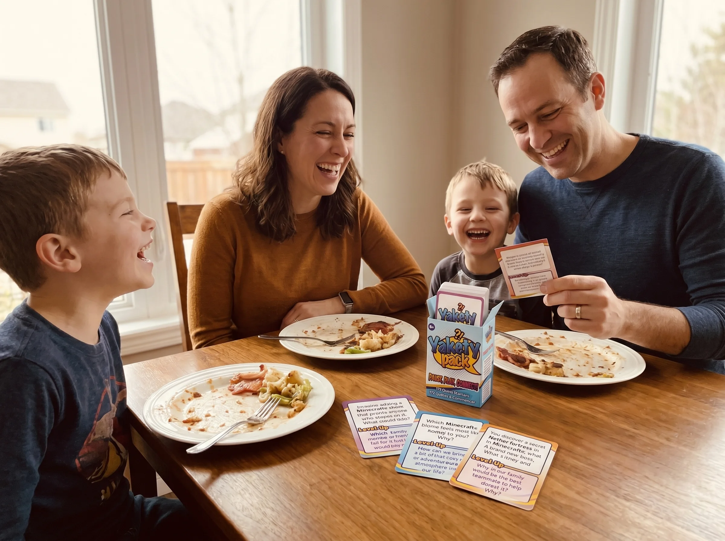 A family at a dinner table laughing together, conversation cards visible next to a plate, warm lighting, real candid family m