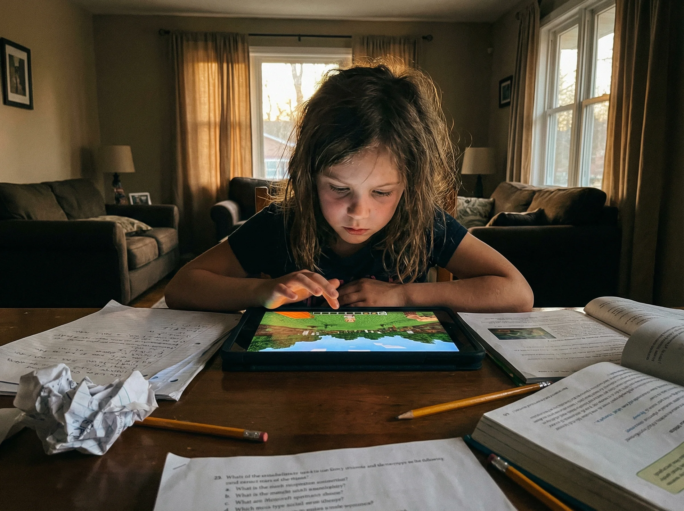 Young girl intensely focused on her tablet screen, surrounded by scattered homework papers, the glow from Minecraft reflectin