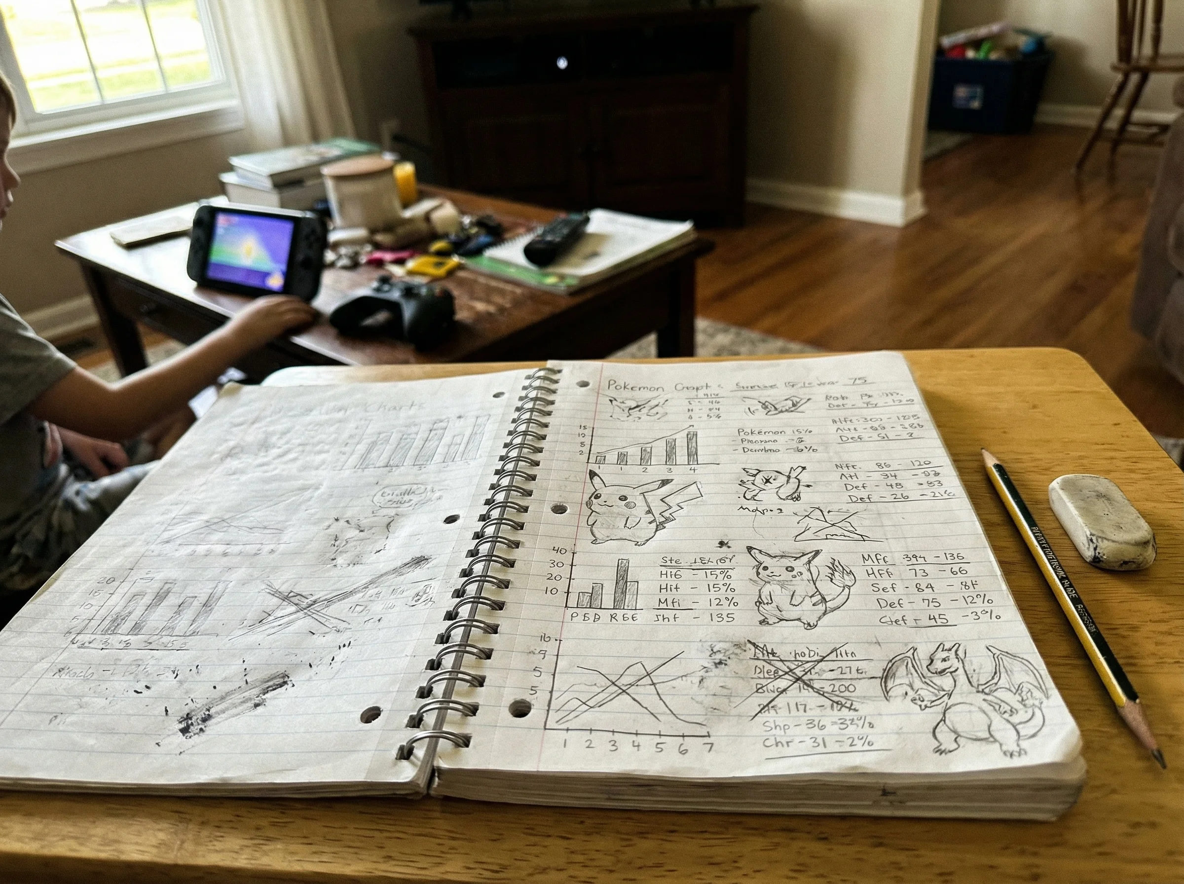 Open notebook filled with hand-drawn Pokemon charts and statistics, pencil marks and eraser smudges showing hours of work, ga
