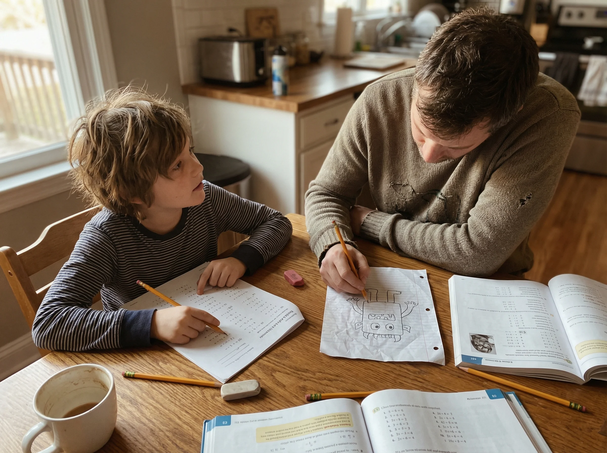 Kitchen table scene with math homework spread out, a child pointing at a problem while parent draws a simple video game boss